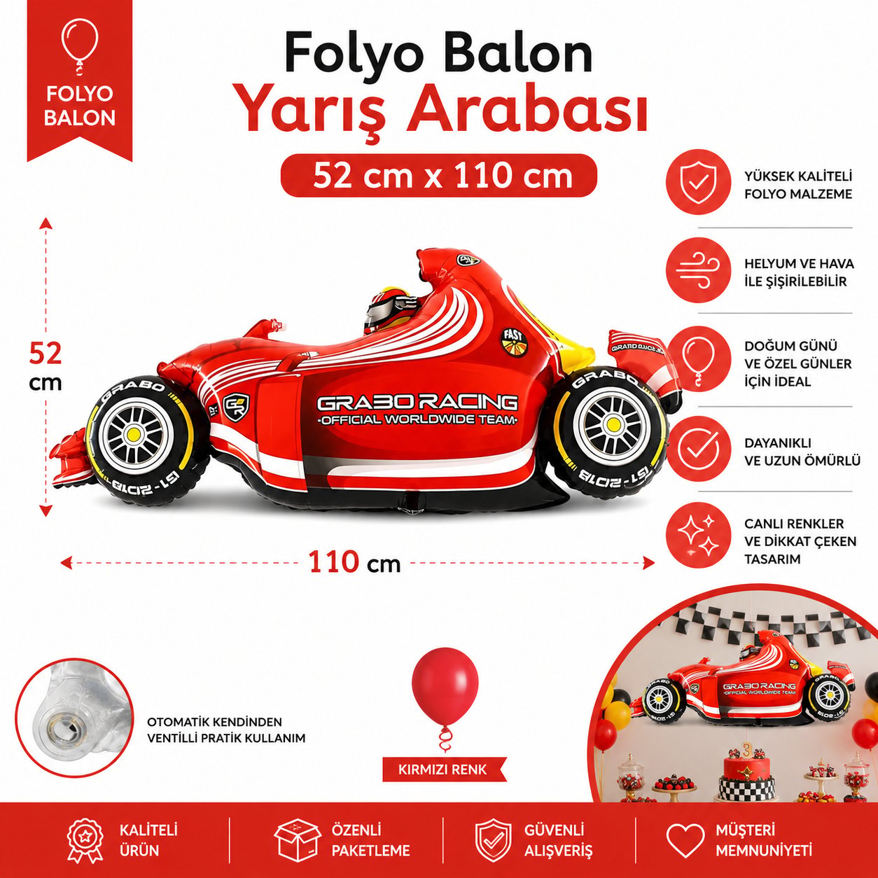 Folyo Balon -Yarış Arabası-52 cm x 110 cm Kırmızı