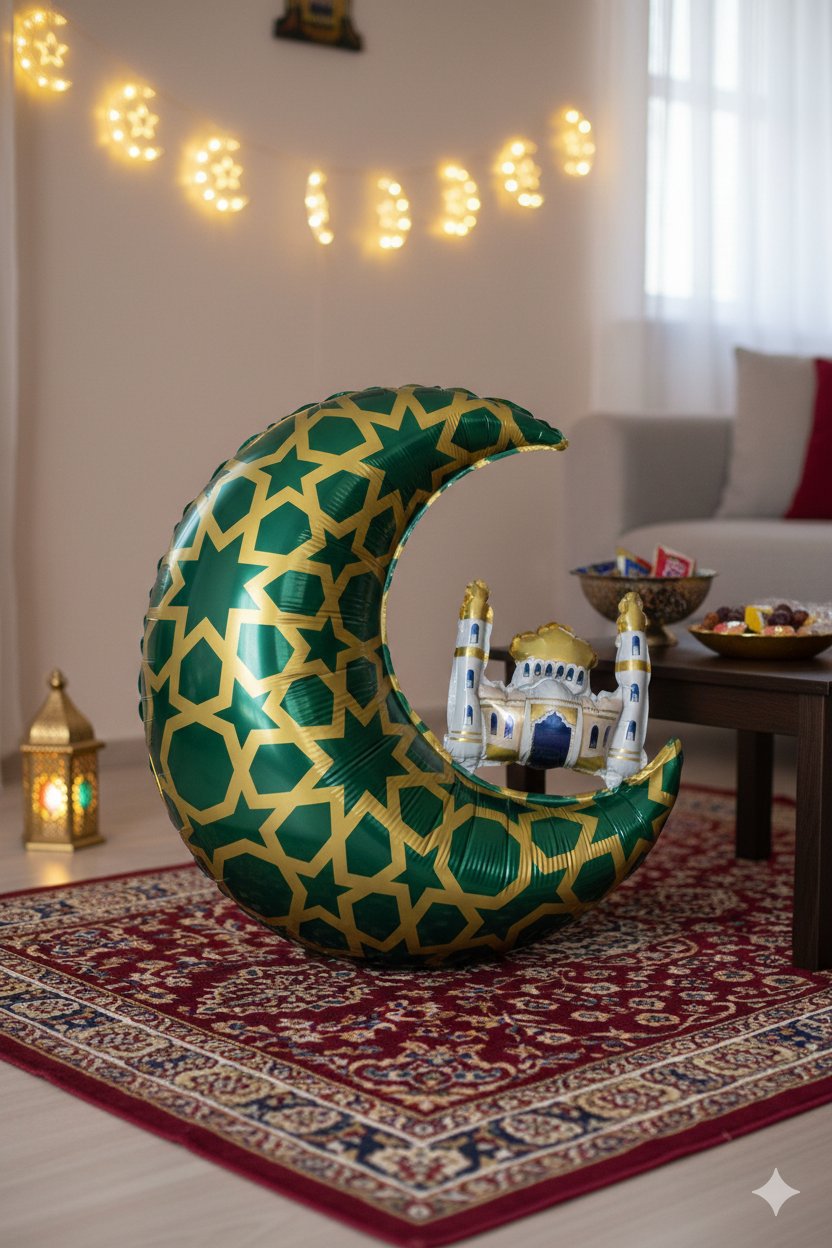 Folyo Balon Yeşil Gold Desenli Cami Figürlü Hilal 65x63
