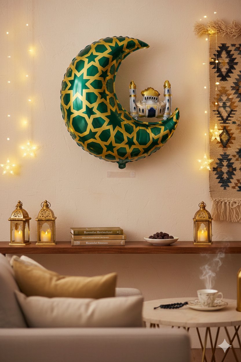 Folyo Balon Yeşil Gold Desenli Cami Figürlü Hilal 65x63
