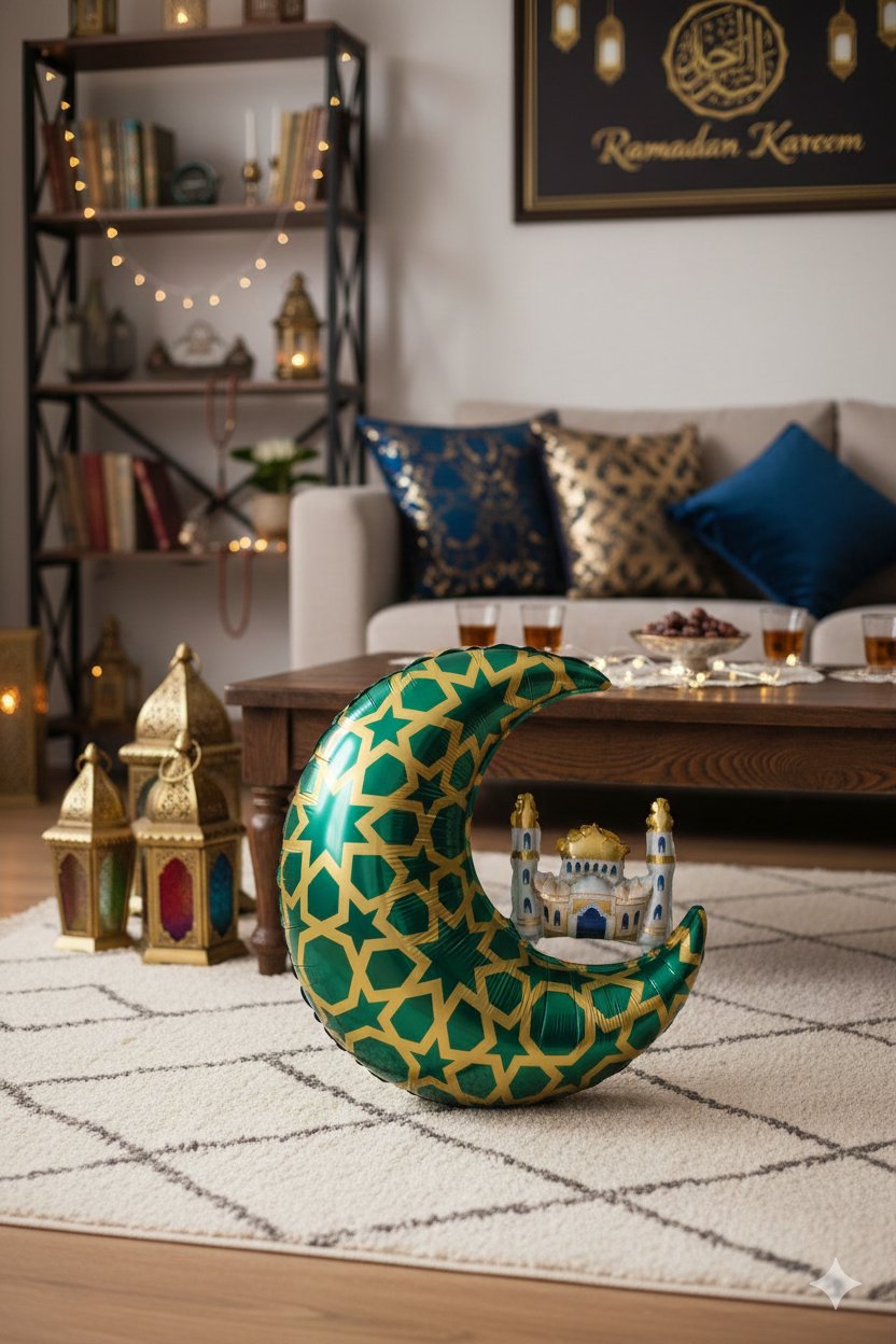 Folyo Balon Yeşil Gold Desenli Cami Figürlü Hilal 65x63