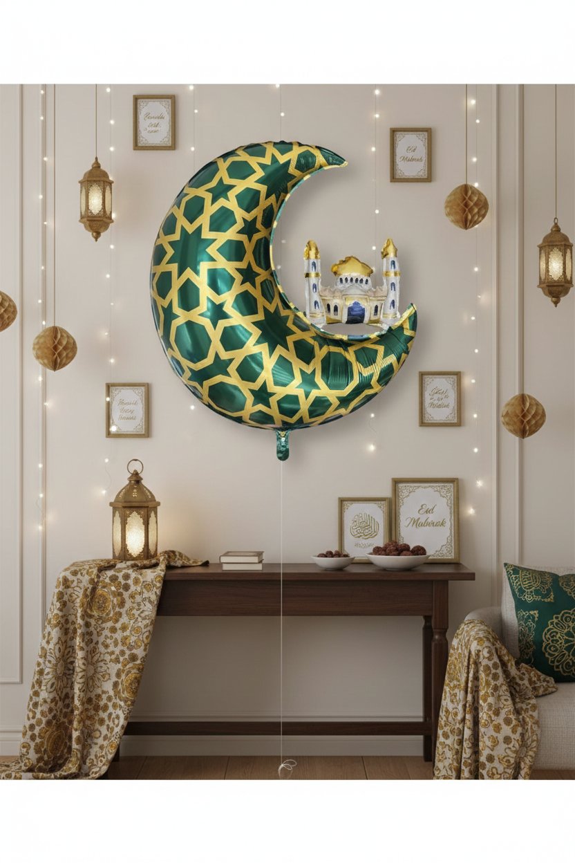 Folyo Balon Yeşil Gold Desenli Cami Figürlü Hilal 65x63