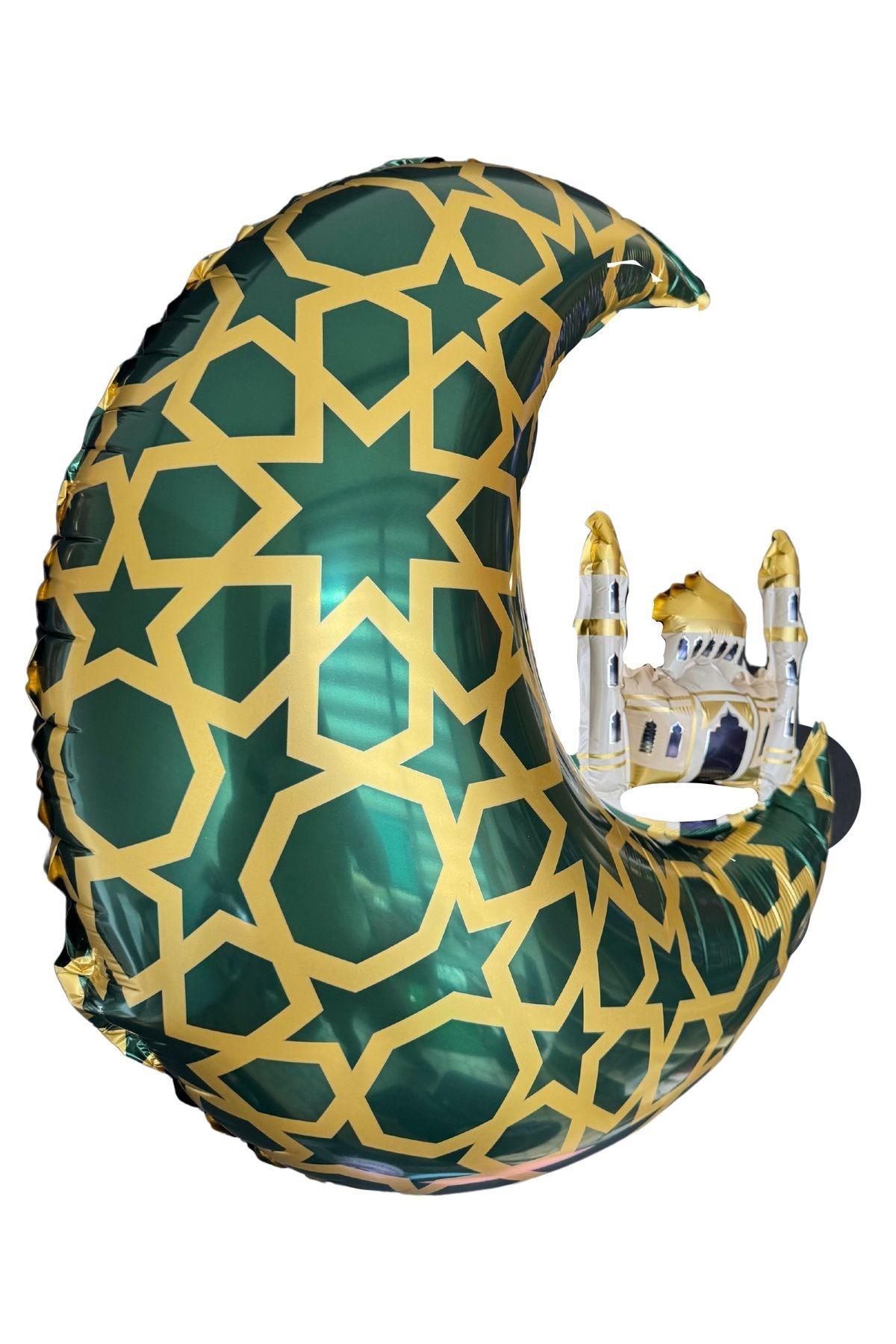 Folyo Balon Yeşil Gold Desenli Cami Figürlü Hilal 65x63