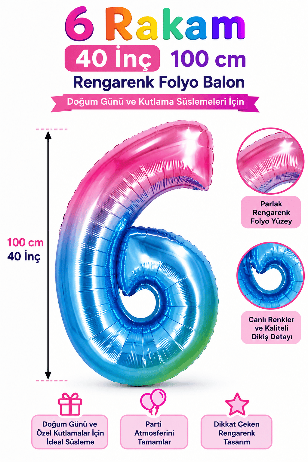 Folyo Rakam 6 Rengarenk 40 İnç 100 Cm ELİTE-HE2