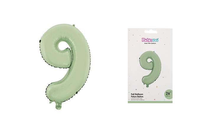 Folyo Rakam 9 Yaş Mat Mint Yeşili 26 Inc 66 cm Pipetli Doğum Günü Balonu