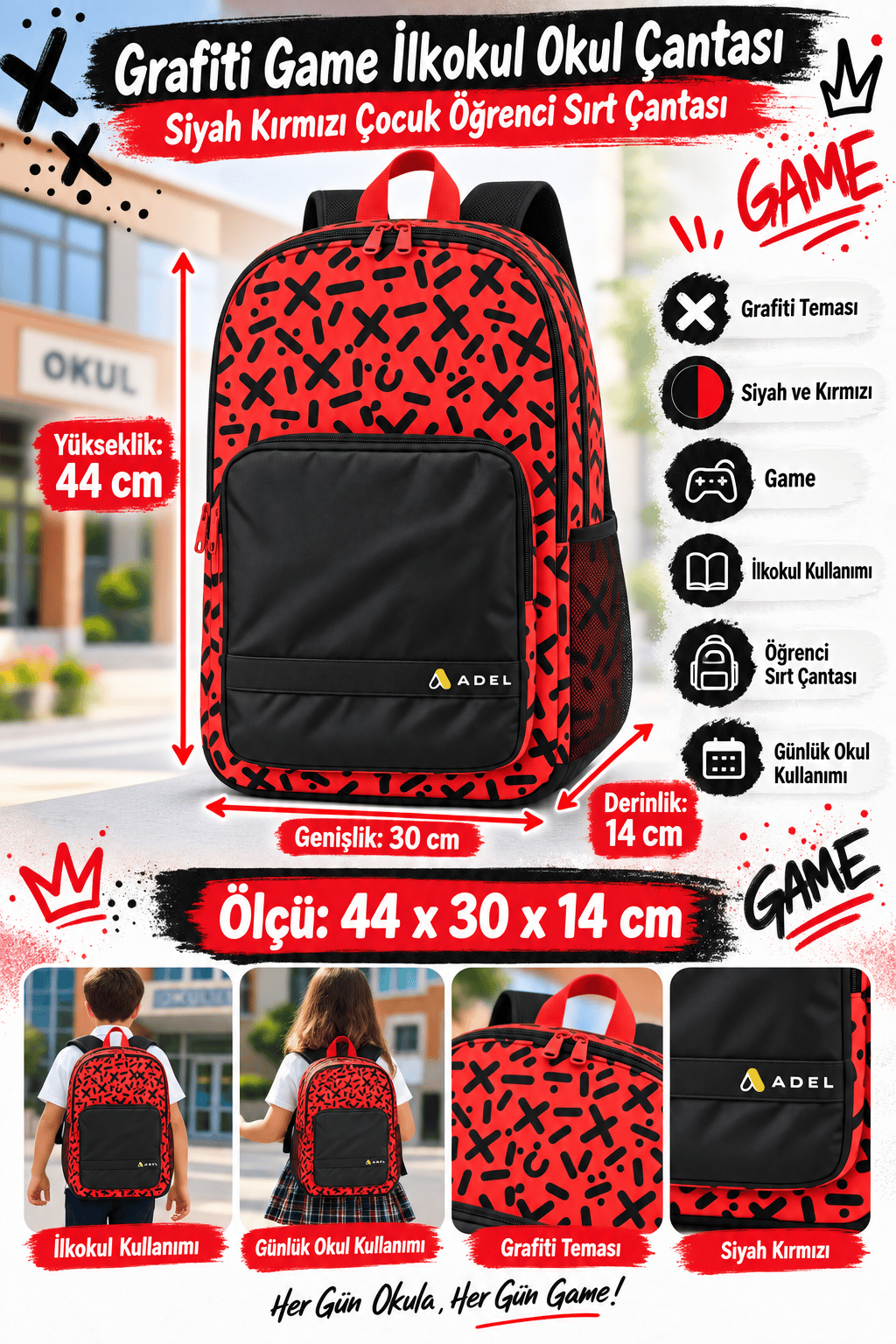 Grafiti Game Siyah Kırmızı İlkokul Okul Çantası Çocuk Öğrenci Sırt Çantası Günlük 44 x 30 x 14