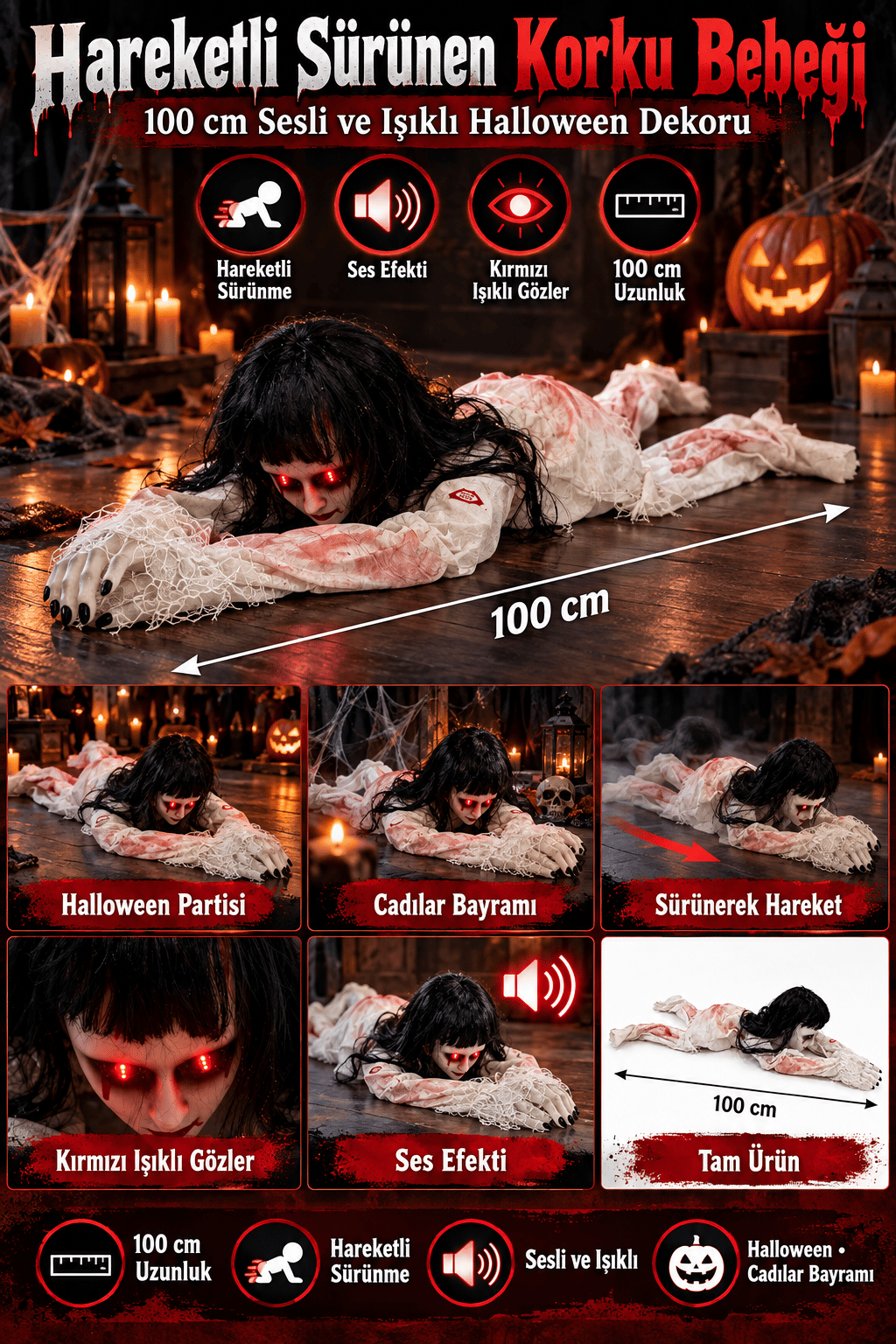 Halloween 100 Cm Hareketli Sürünen Korku Bebeği Sesli Işıklı Sürüngen Figür