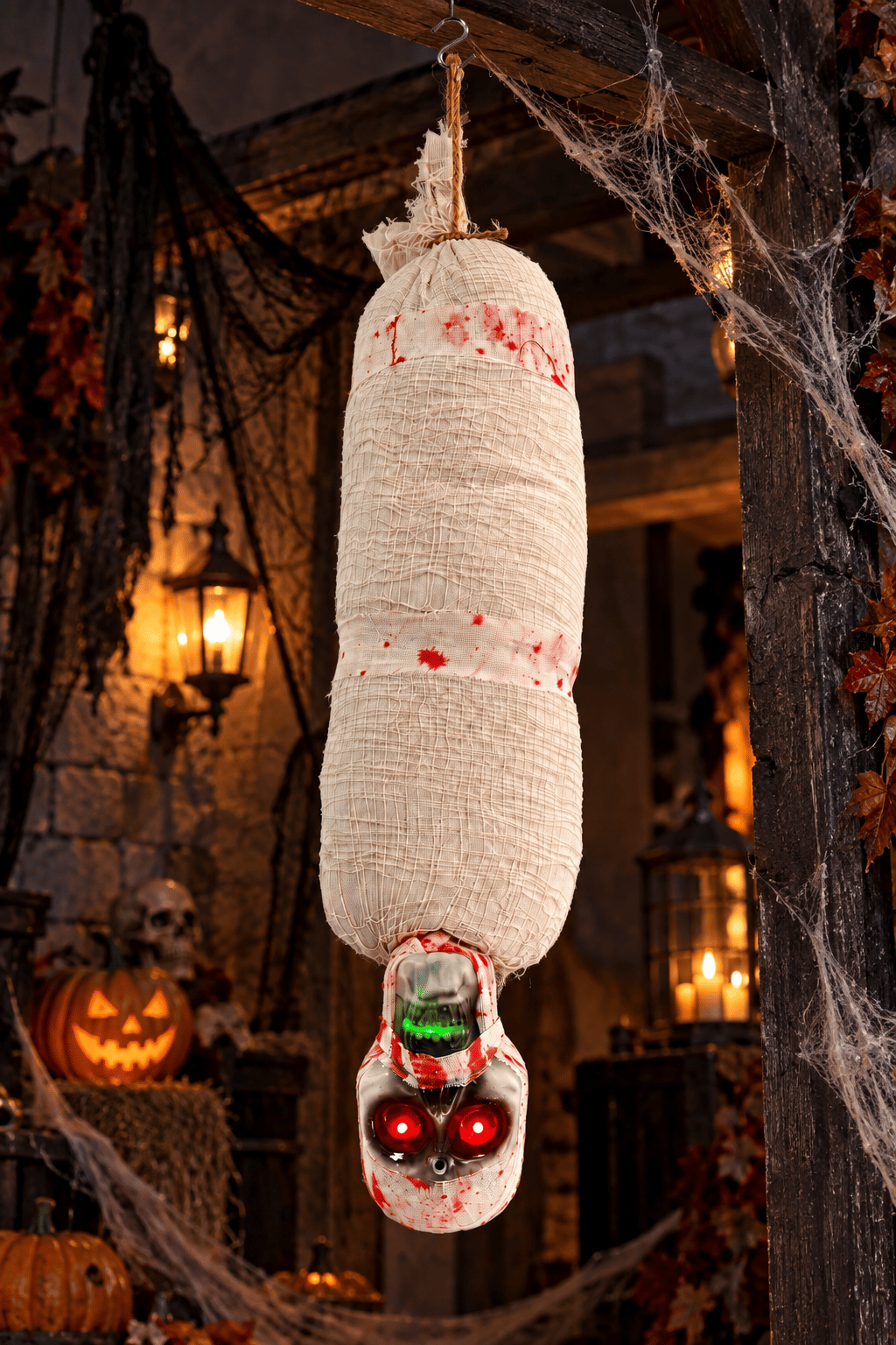 Halloween 100 Cm Sensörlü Işıklı Sesli Halloween Ters Asılı Mumya Kuru Kafa