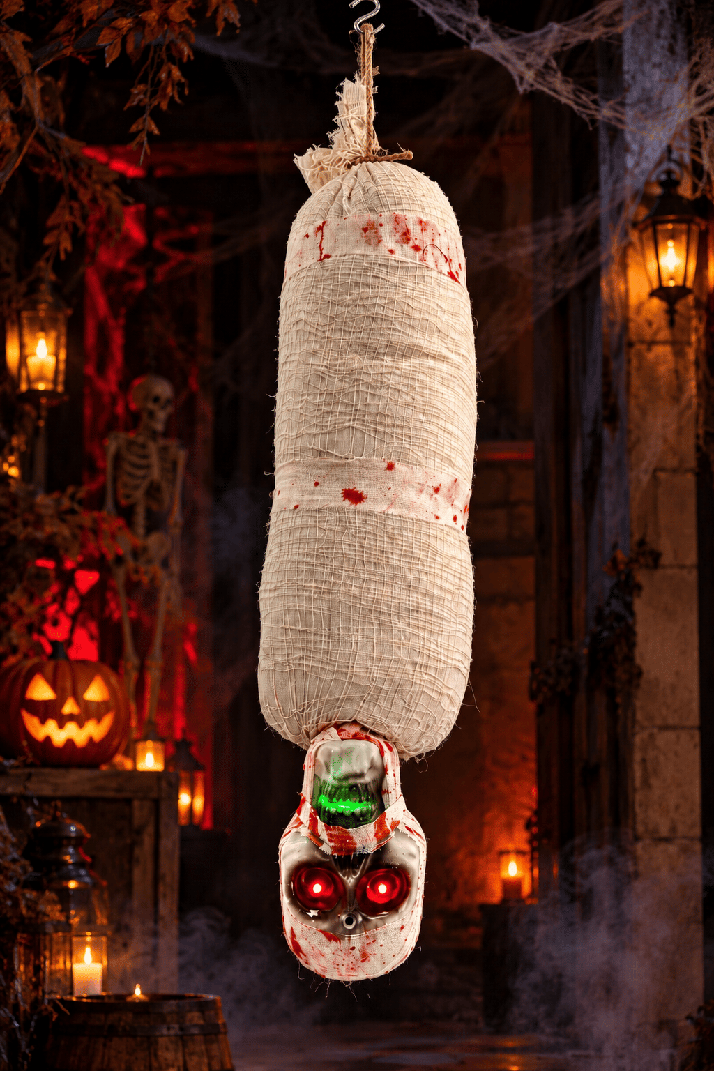 Halloween 100 Cm Sensörlü Işıklı Sesli Halloween Ters Asılı Mumya Kuru Kafa