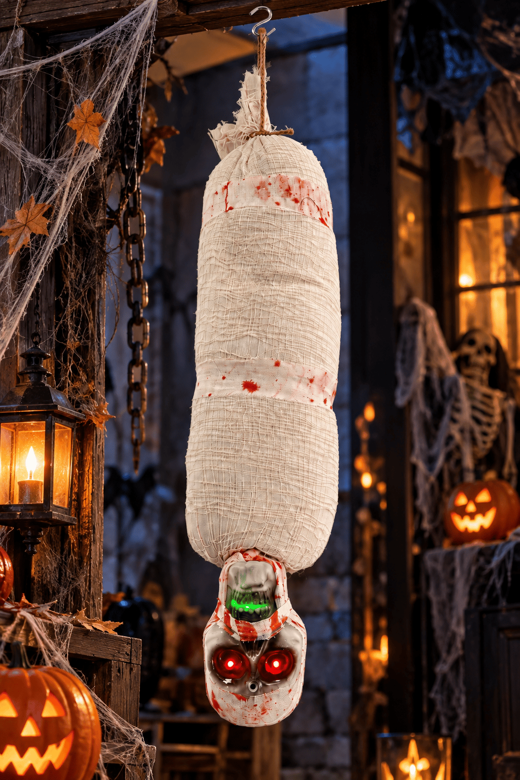 Halloween 100 Cm Sensörlü Işıklı Sesli Halloween Ters Asılı Mumya Kuru Kafa