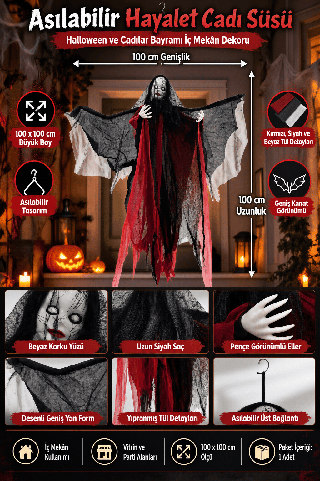 Halloween 100cm Asılabilir Hayalet Cadı Süsü Kırmızı Siyah
