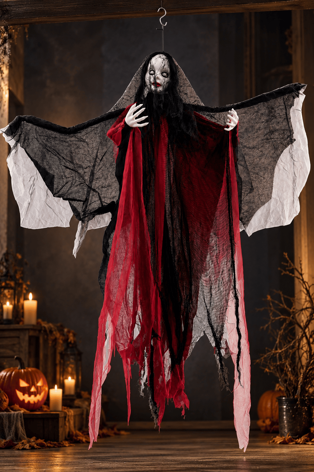 Halloween 100cm Asılabilir Hayalet Cadı Süsü Kırmızı Siyah