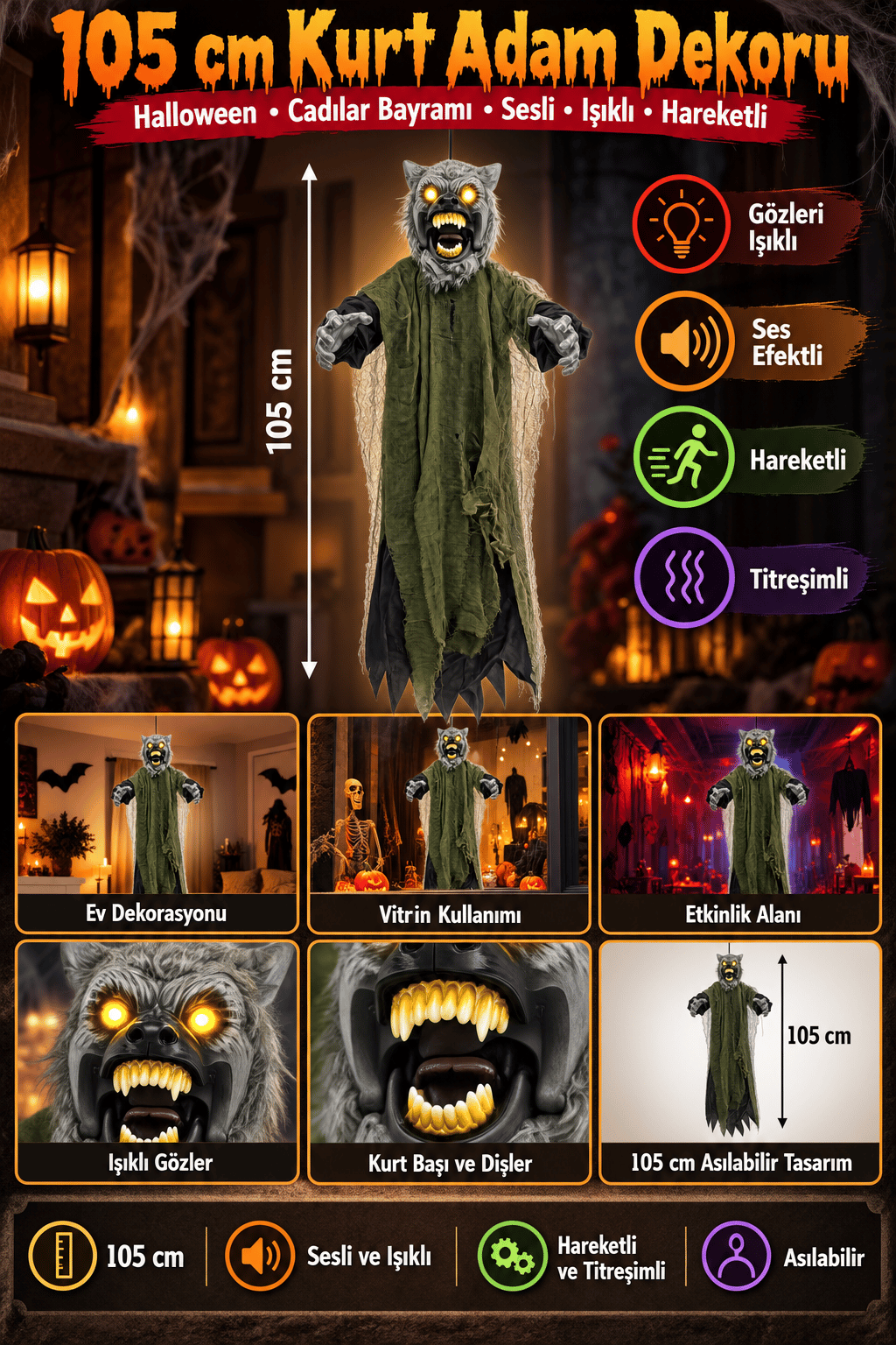 Halloween 105 cm Sesli Işıklı Asılabilir Kurt Adam Süsü Gözleri Yanan Hareketli