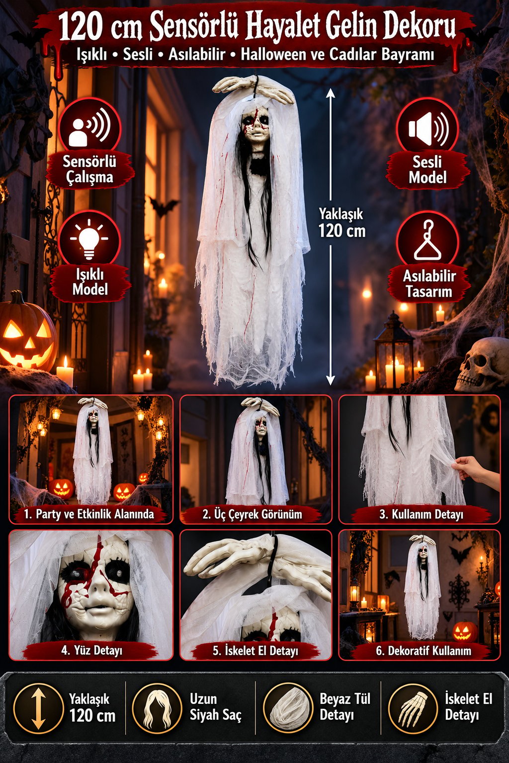 Halloween 120 Cm Sensörlü Işıklı Sesli Halloween Hayalet Gelin Dekoru