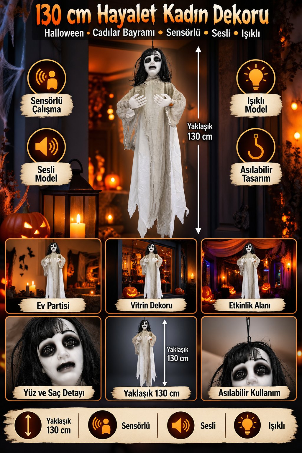 Halloween 130 Cm Sensörlü Sesli Işıklı Hayalet Kadın Dekoru Asılabilir Korku Süsü