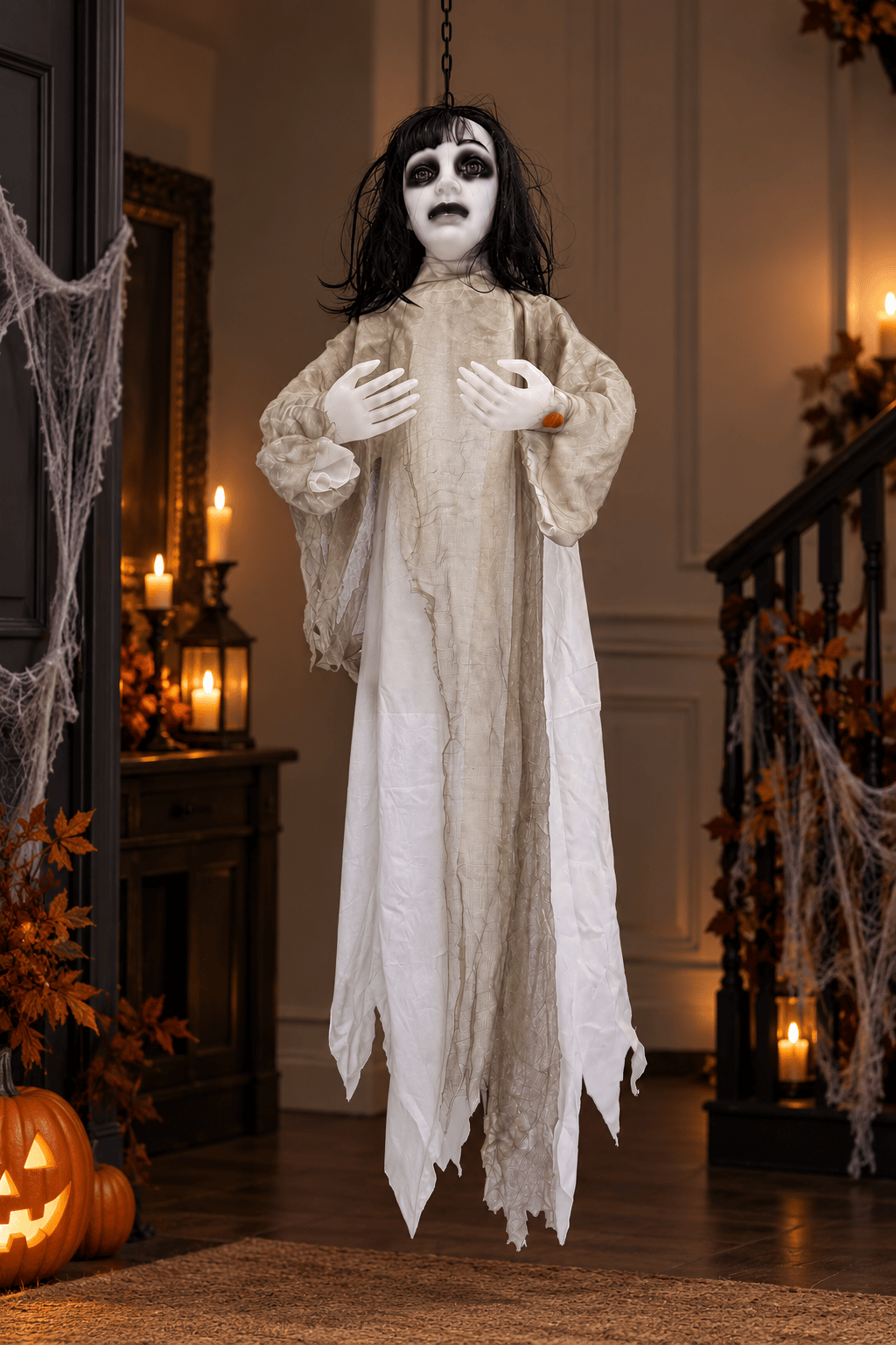 Halloween 130 Cm Sensörlü Sesli Işıklı Hayalet Kadın Dekoru Asılabilir Korku Süsü