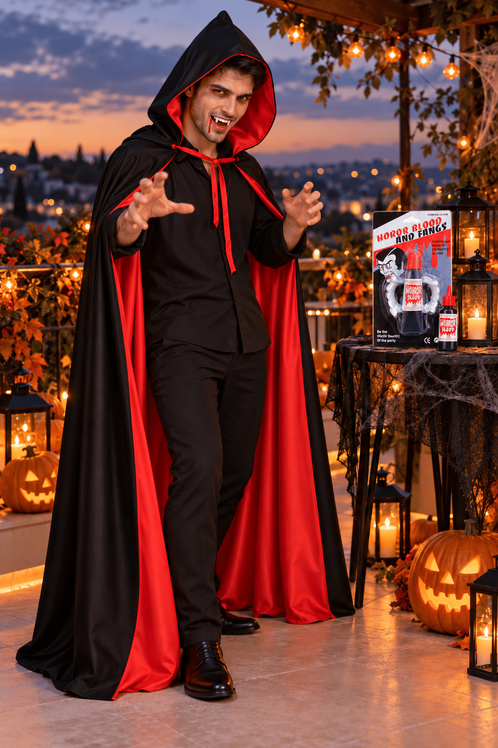 Halloween 150cm pelerin kapşonlu çift traflı siyah kırm.vampir kanı ve dişi
