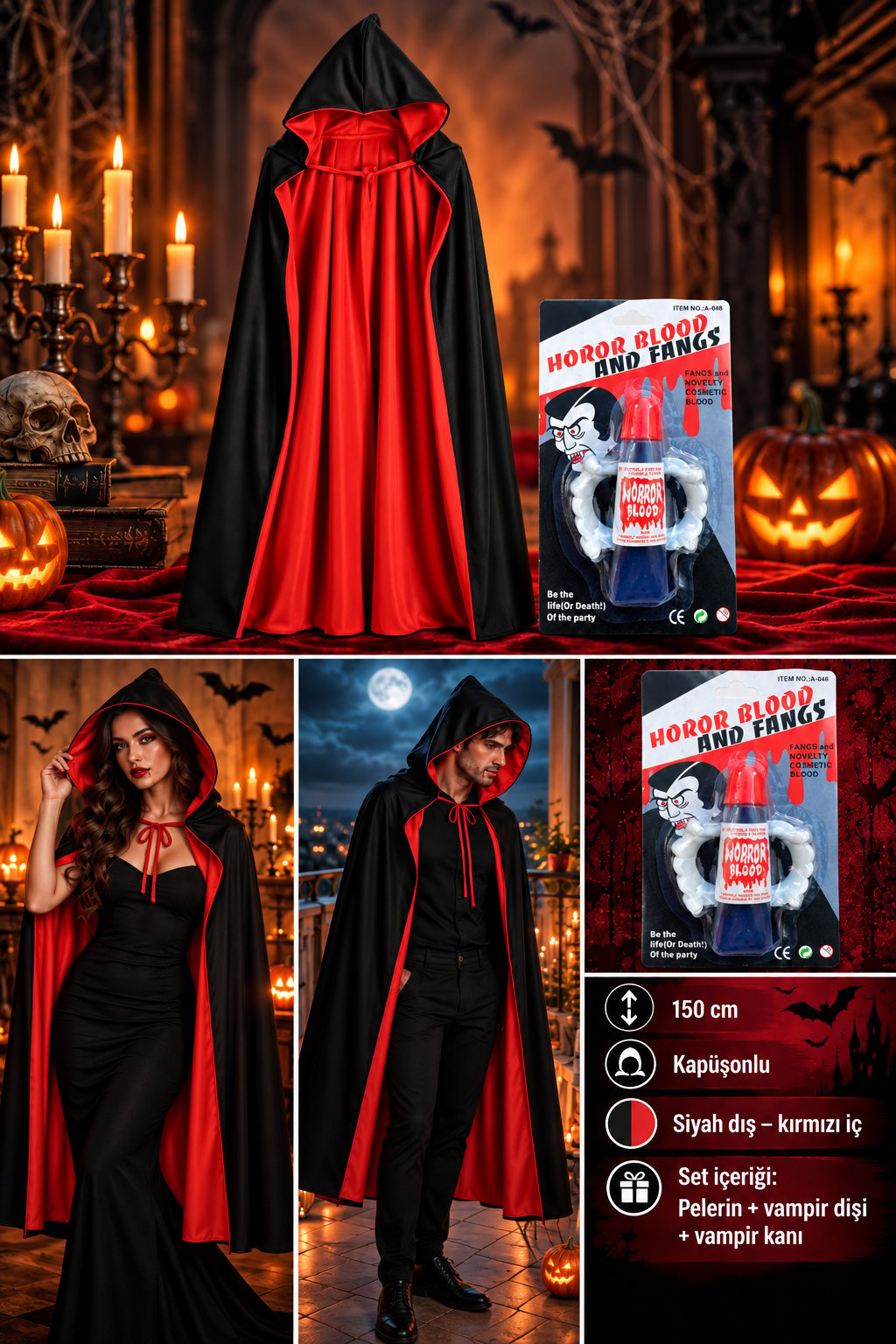 Halloween 150cm pelerin kapşonlu çift traflı siyah kırm.vampir kanı ve dişi