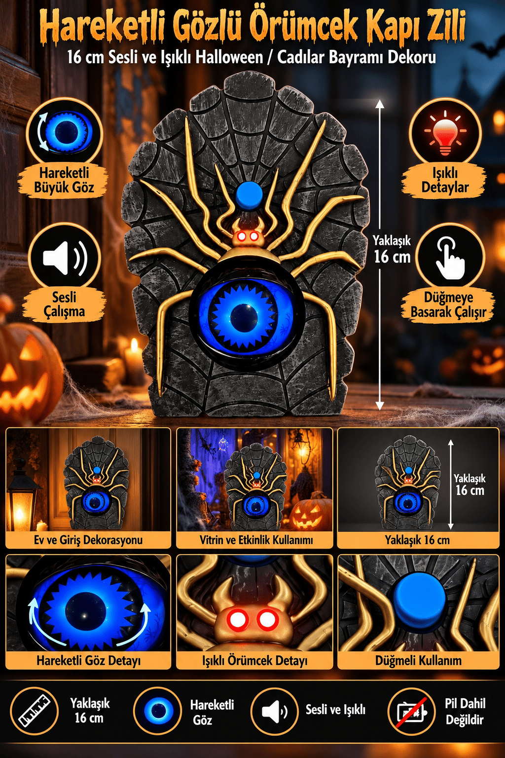 Halloween 16 cm Hareketli Gözlü Sesli Örümcek Kapı Zili