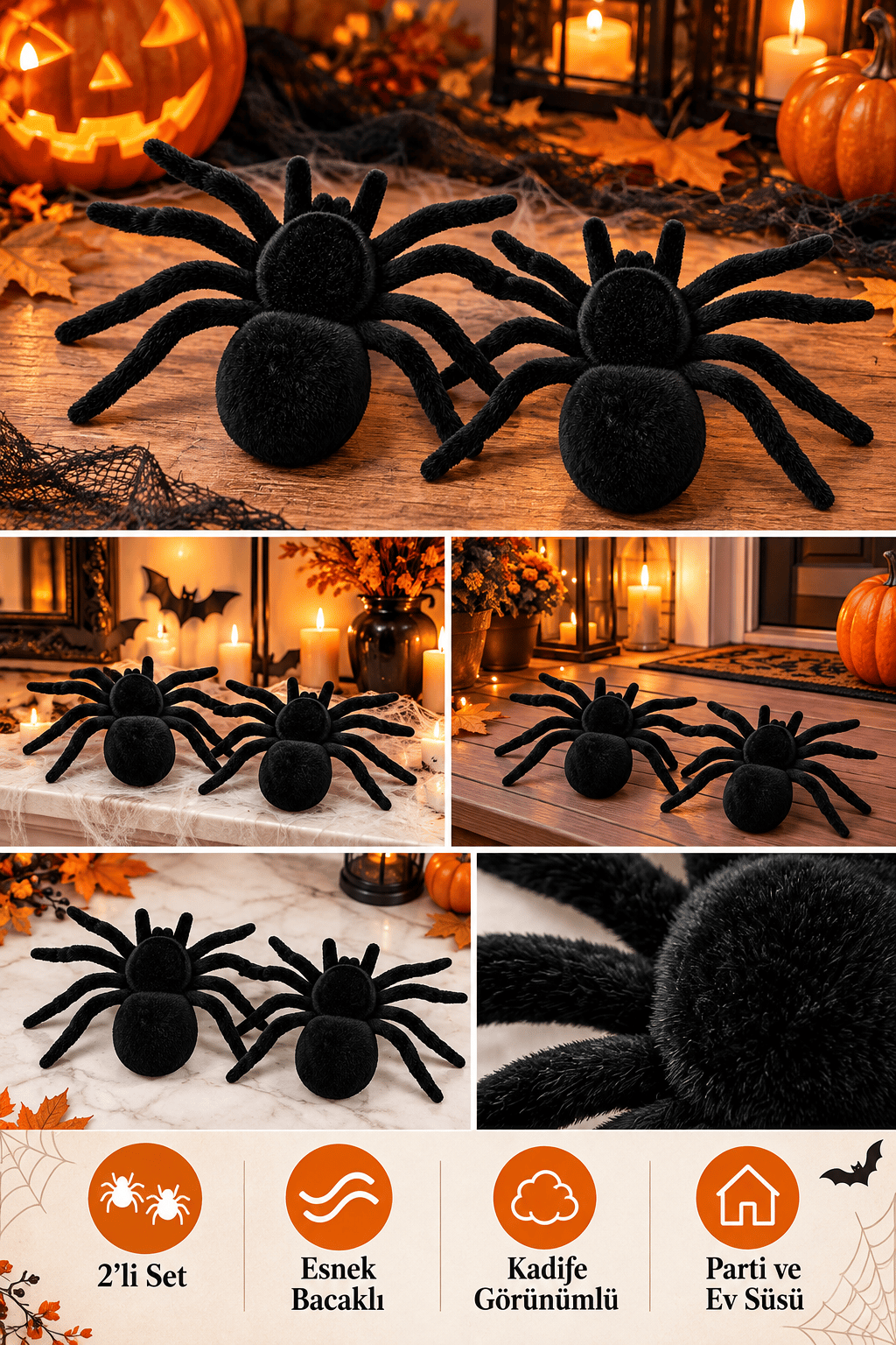 Halloween 2’li Siyah Örümcek Dekor Seti Esnek Bacaklı Kadife Görünümlü Parti ve Ev Süsü