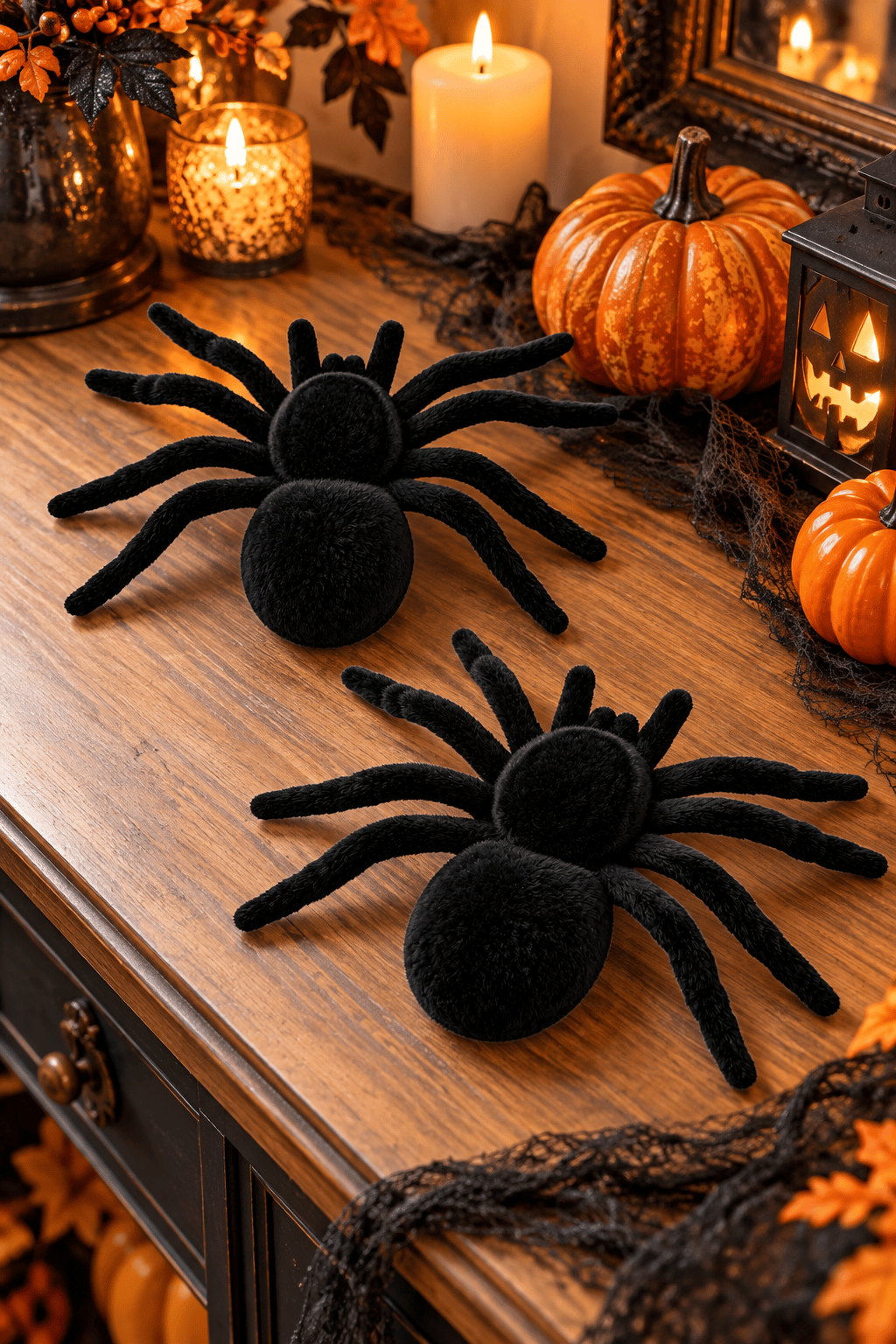 Halloween 2’li Siyah Örümcek Dekor Seti Esnek Bacaklı Kadife Görünümlü Parti ve Ev Süsü