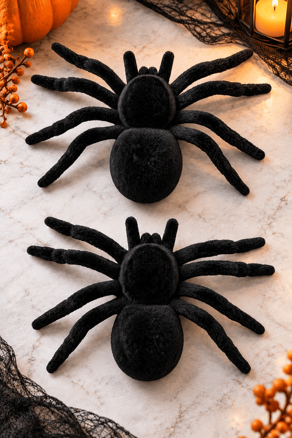 Halloween 2’li Siyah Örümcek Dekor Seti Esnek Bacaklı Kadife Görünümlü Parti ve Ev Süsü
