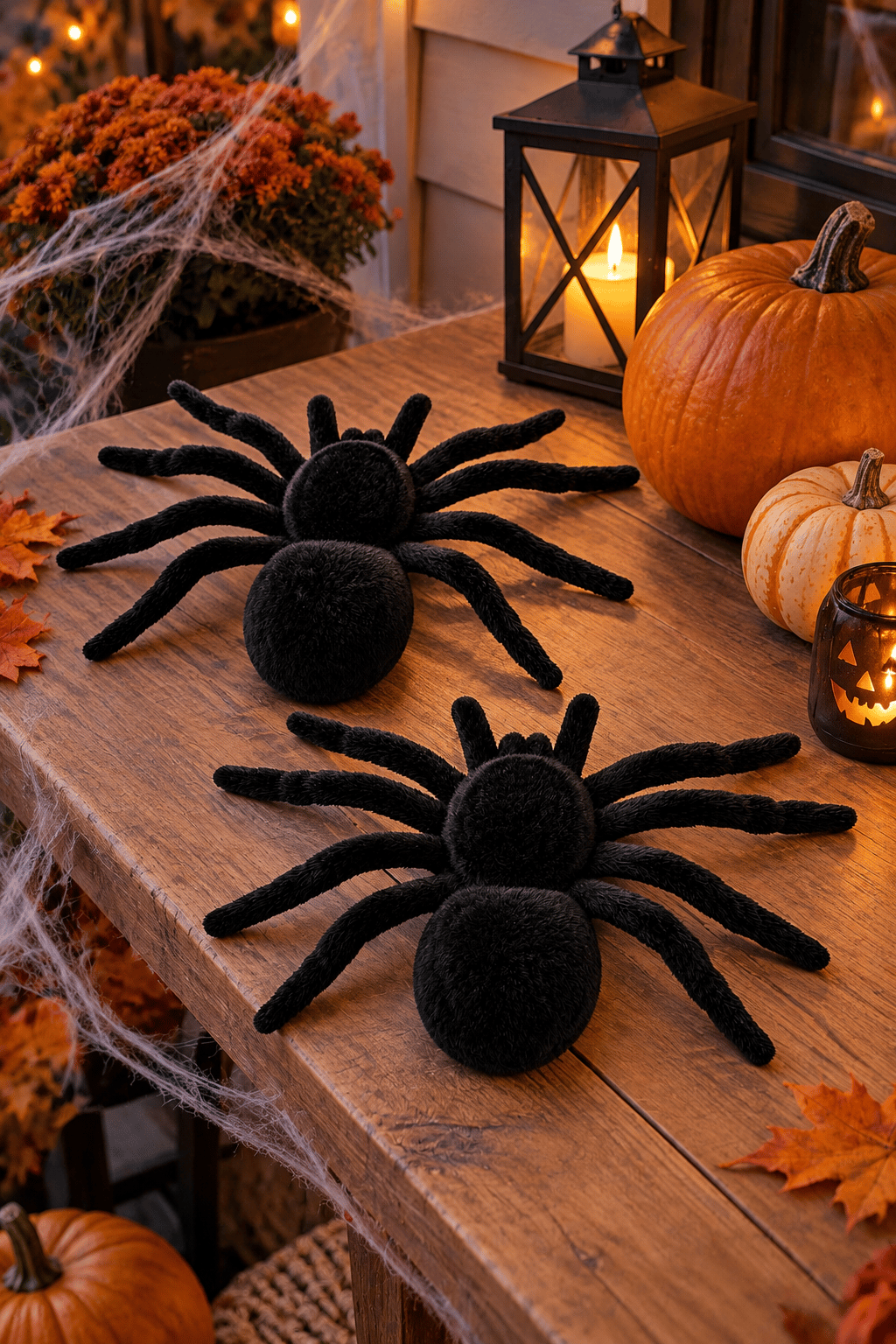 Halloween 2’li Siyah Örümcek Dekor Seti Esnek Bacaklı Kadife Görünümlü Parti ve Ev Süsü