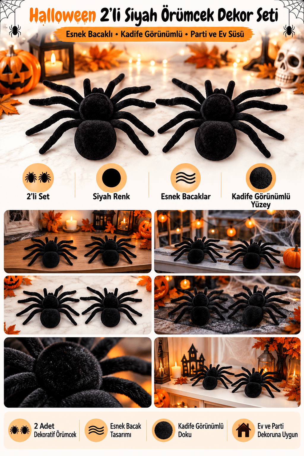 Halloween 2’li Siyah Örümcek Dekor Seti Esnek Bacaklı Kadife Görünümlü Parti ve Ev Süsü