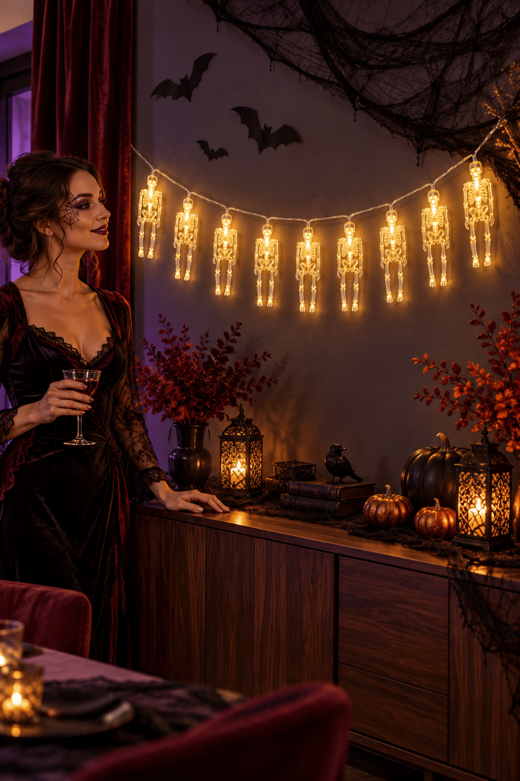 Halloween 2 Metre 9 Adet 12 cm İskeletli Sarı LED Işıklı Pilli Cadılar Bayramı Asma Parti Dekoru