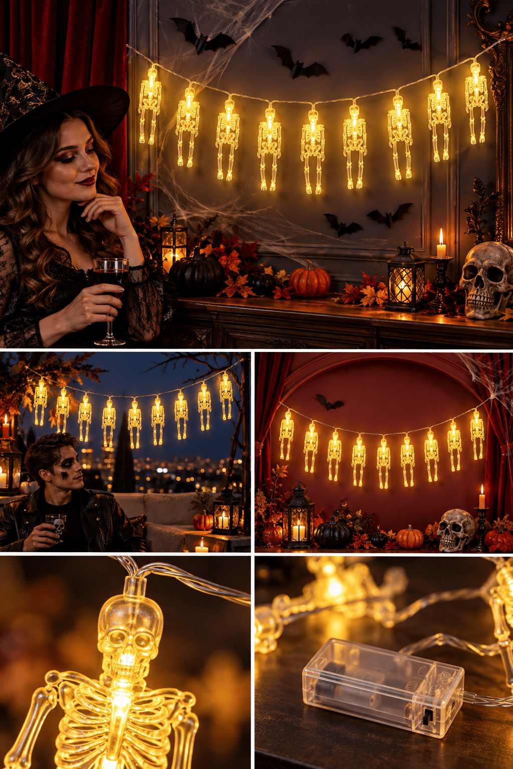 Halloween 2 Metre 9 Adet 12 cm İskeletli Sarı LED Işıklı Pilli Cadılar Bayramı Asma Parti Dekoru