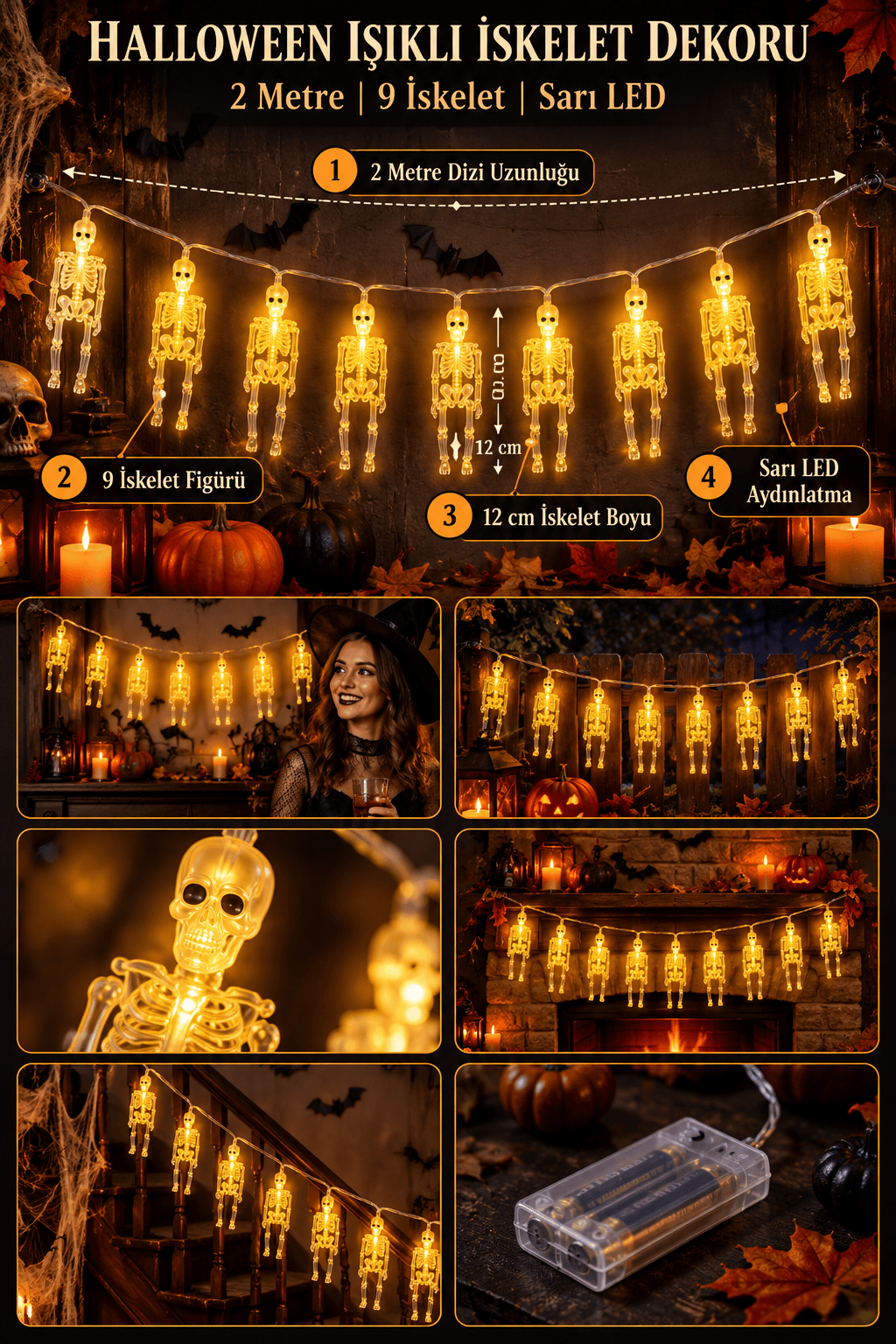 Halloween 2 Metre 9 Adet 12 cm İskeletli Sarı LED Işıklı Pilli Cadılar Bayramı Asma Parti Dekoru