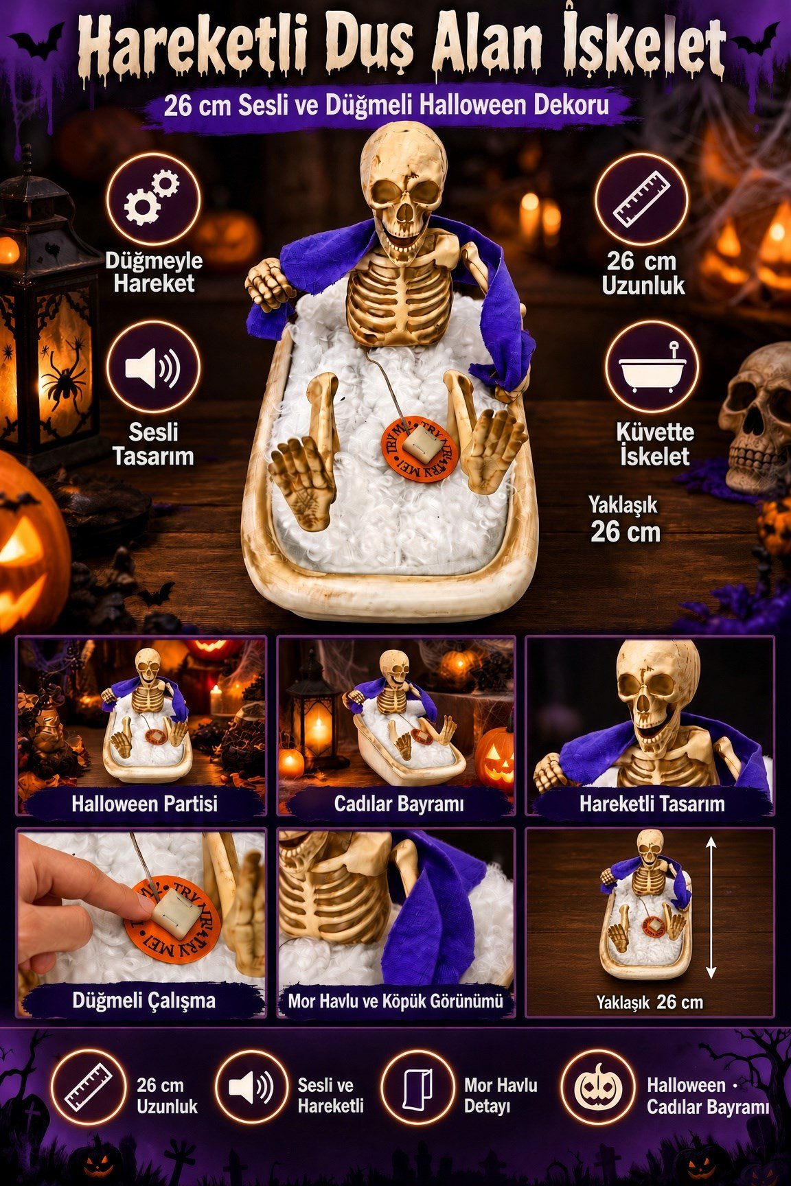 Halloween 26 cm Hareketli Duş Alan İskelet Dekoru – Düğmeli Sesli Cadılar Bayramı