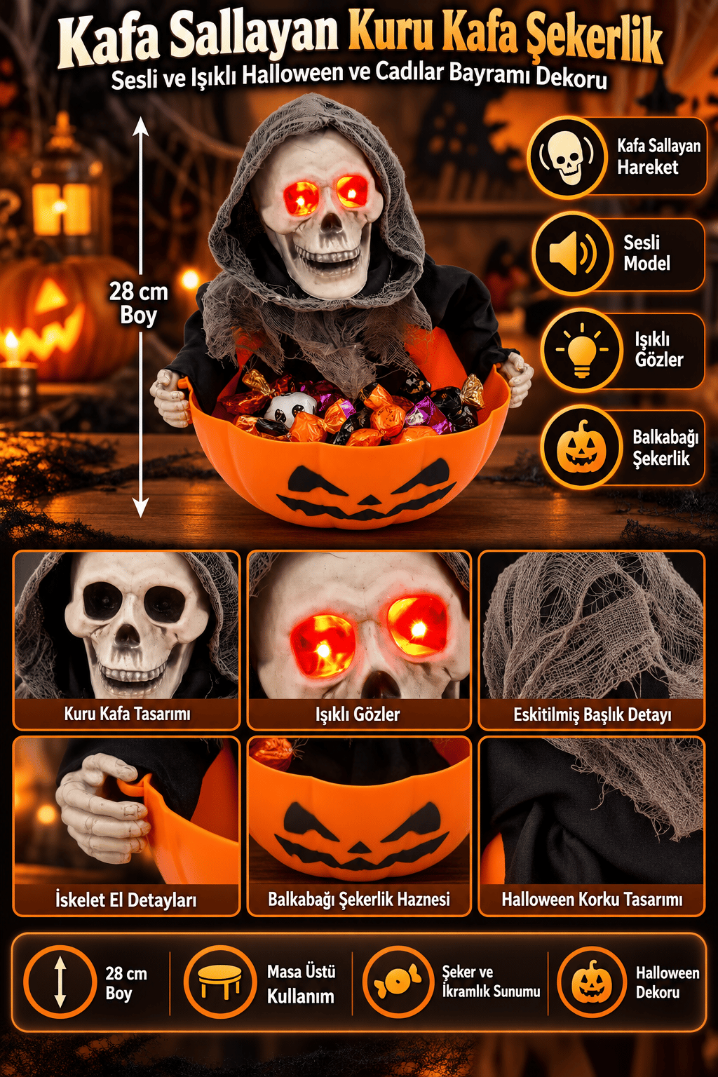 Halloween 28CM  Kafa Sallayan Sesli Kuru Kafa Şekerlik