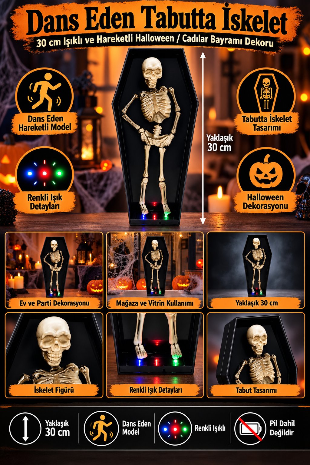 Halloween 30cm Dans Eden Tabutta İskelet  – Işıklı Hareketli Korku Süsü