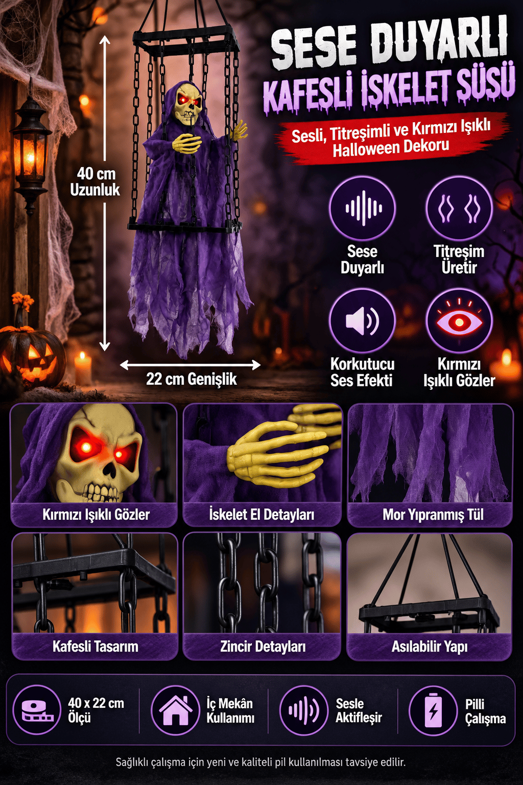Halloween 40x22cm Sesli Titreşimli Kafesli İskelet Süsü Kırmızı Işıklı Sese Duyarlı