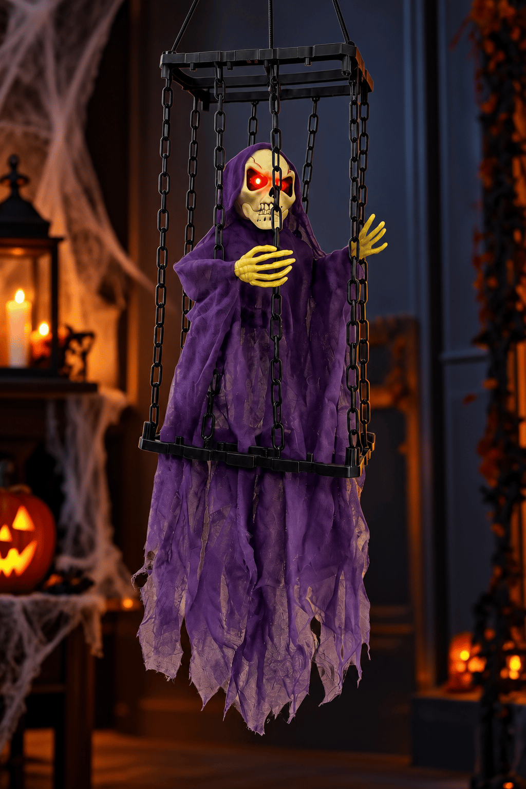 Halloween 40x22cm Sesli Titreşimli Kafesli İskelet Süsü Kırmızı Işıklı Sese Duyarlı