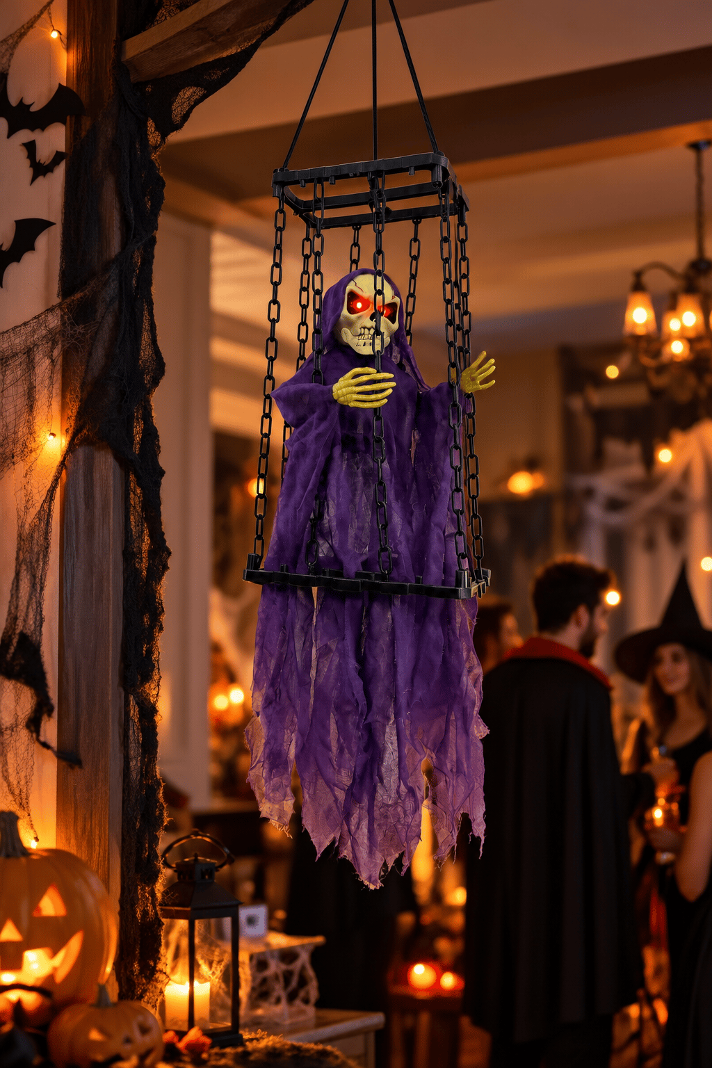Halloween 40x22cm Sesli Titreşimli Kafesli İskelet Süsü Kırmızı Işıklı Sese Duyarlı