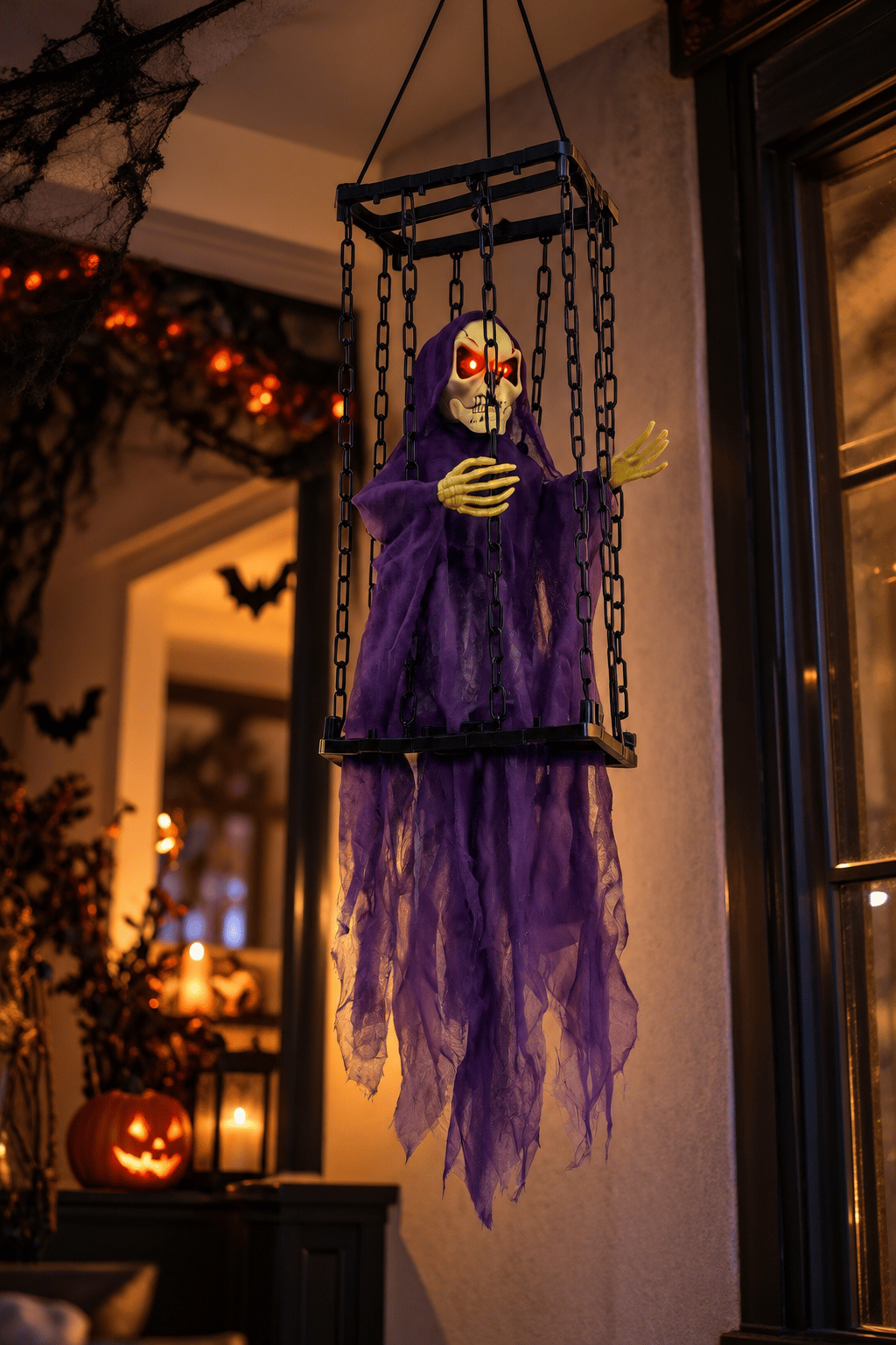 Halloween 40x22cm Sesli Titreşimli Kafesli İskelet Süsü Kırmızı Işıklı Sese Duyarlı