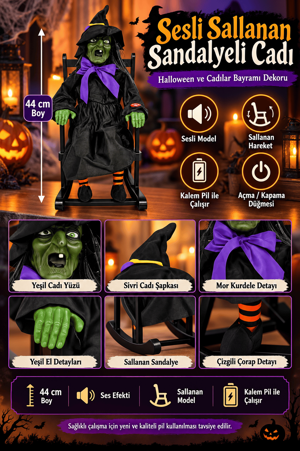 Halloween 44 cm Sesli Sallanan Cadı Dekoru Sandalyeli