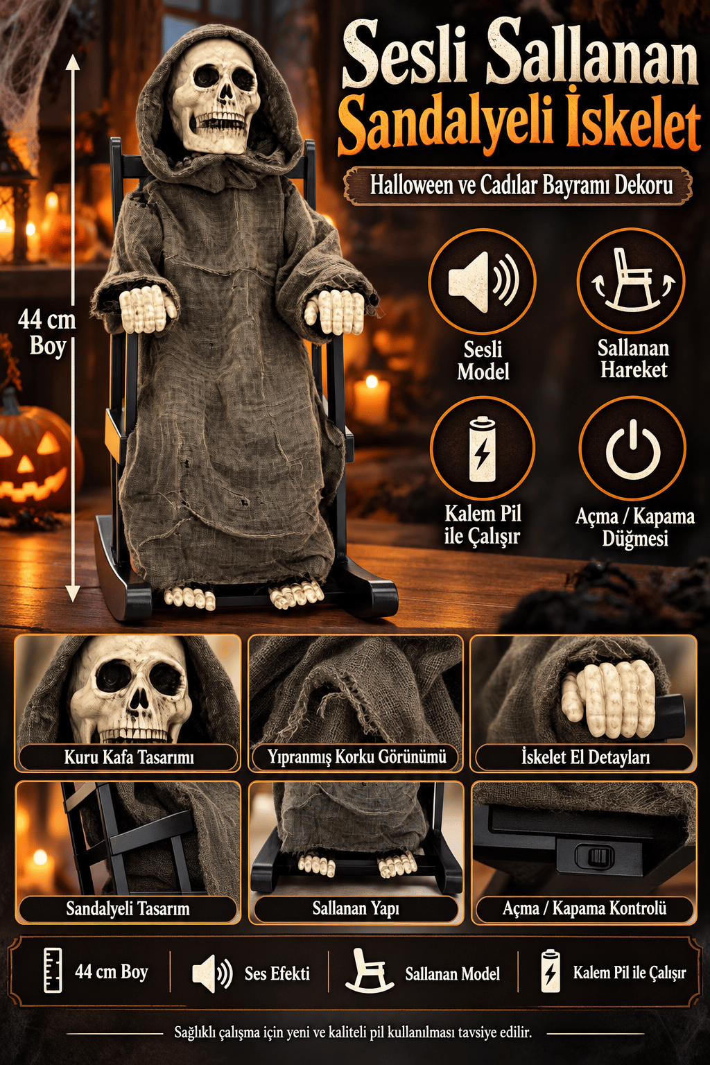 Halloween 44 cm Sesli Sallanan İskelet Dekoru Sandalyeli
