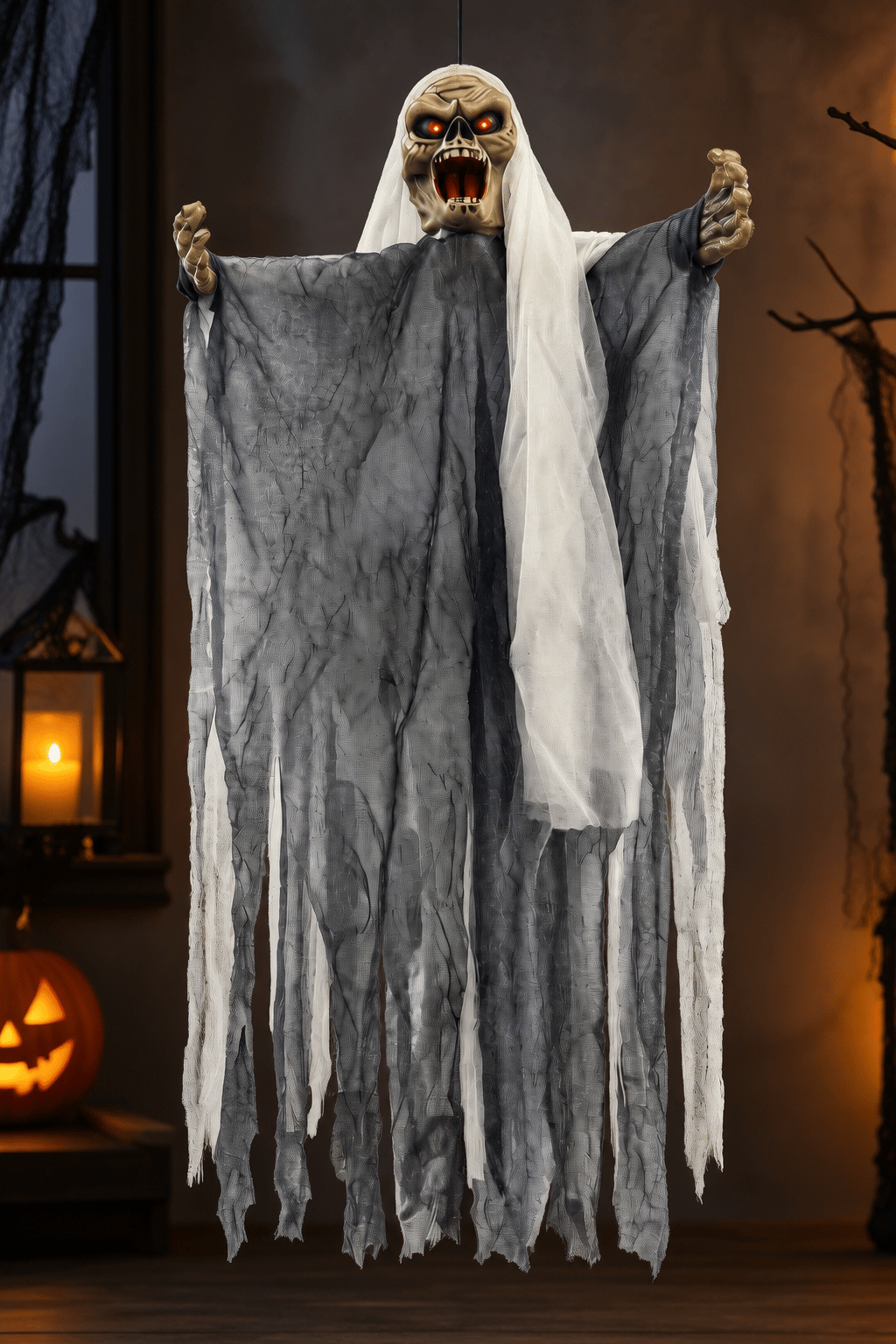 Halloween 50x35 cm GRİ Sesli Işıklı Asılabilir Hayalet Sese Duyarlı
