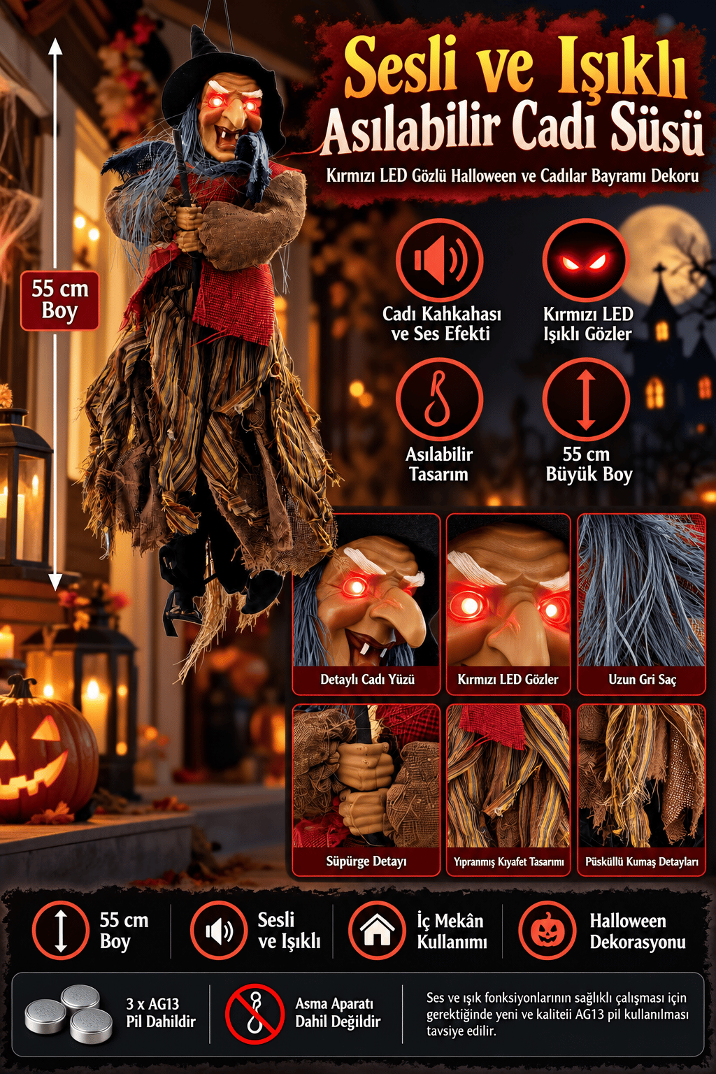Halloween 55 Cm Sesli Işıklı Cadı Süsü Kırmızı LED Gözlü Asılabilir