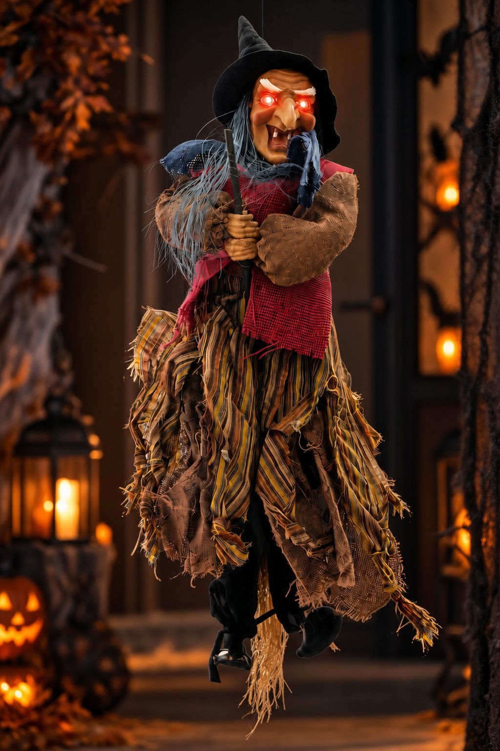 Halloween 55 Cm Sesli Işıklı Cadı Süsü Kırmızı LED Gözlü Asılabilir