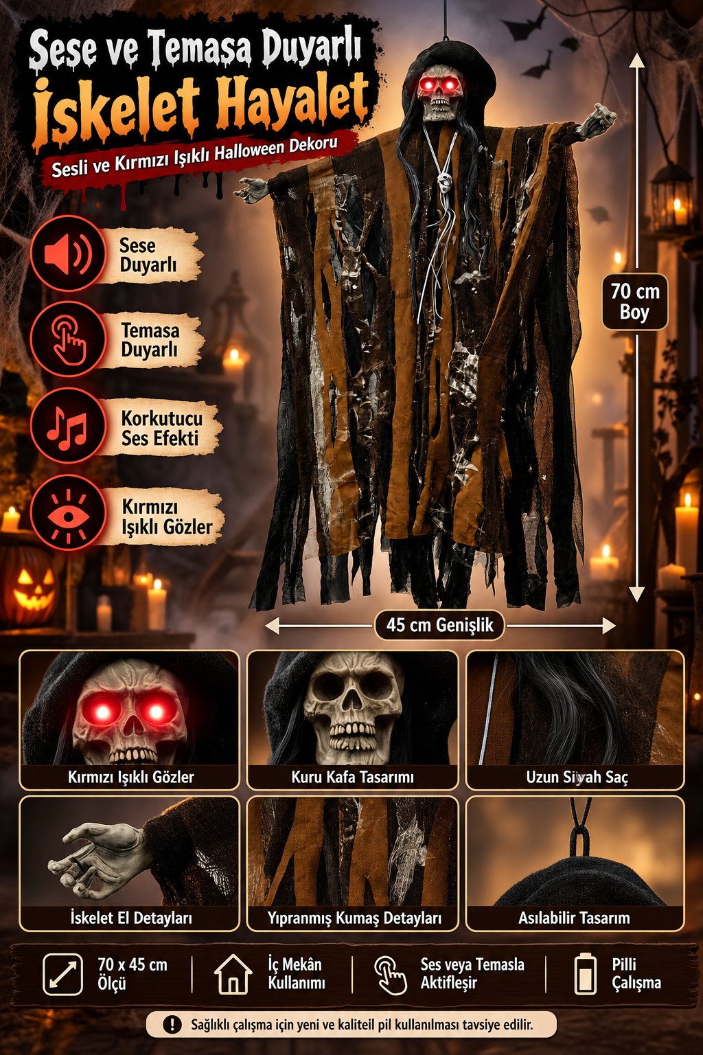 Halloween 70x45 cm Sesli Işıklı Asılabilir İskelet Hayalet  Sese ve Temasa Duyarlı kahve