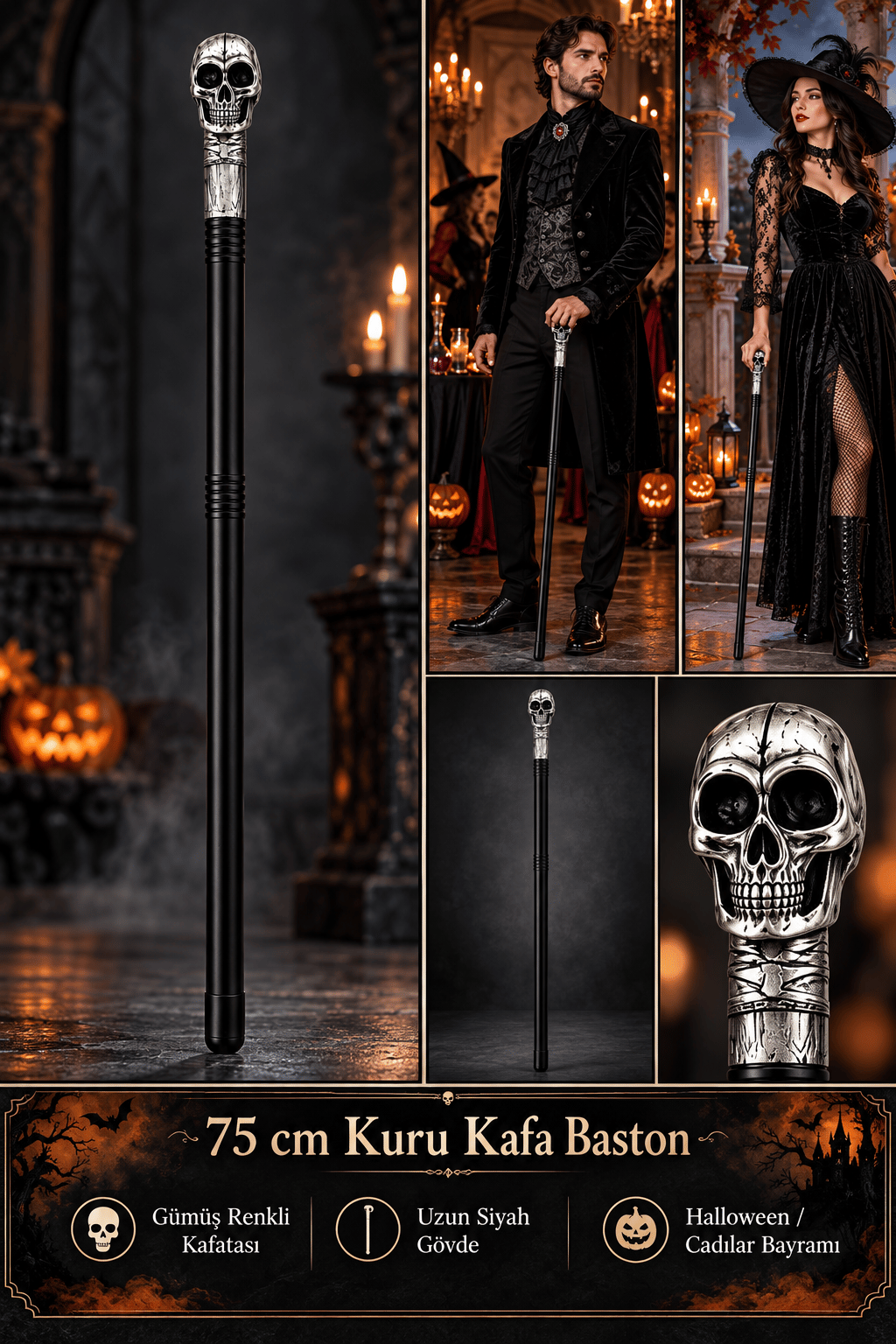Halloween 75 Cm Kuru Kafa Baston – Halloween Cadılar Bayramı İskelet Başlı