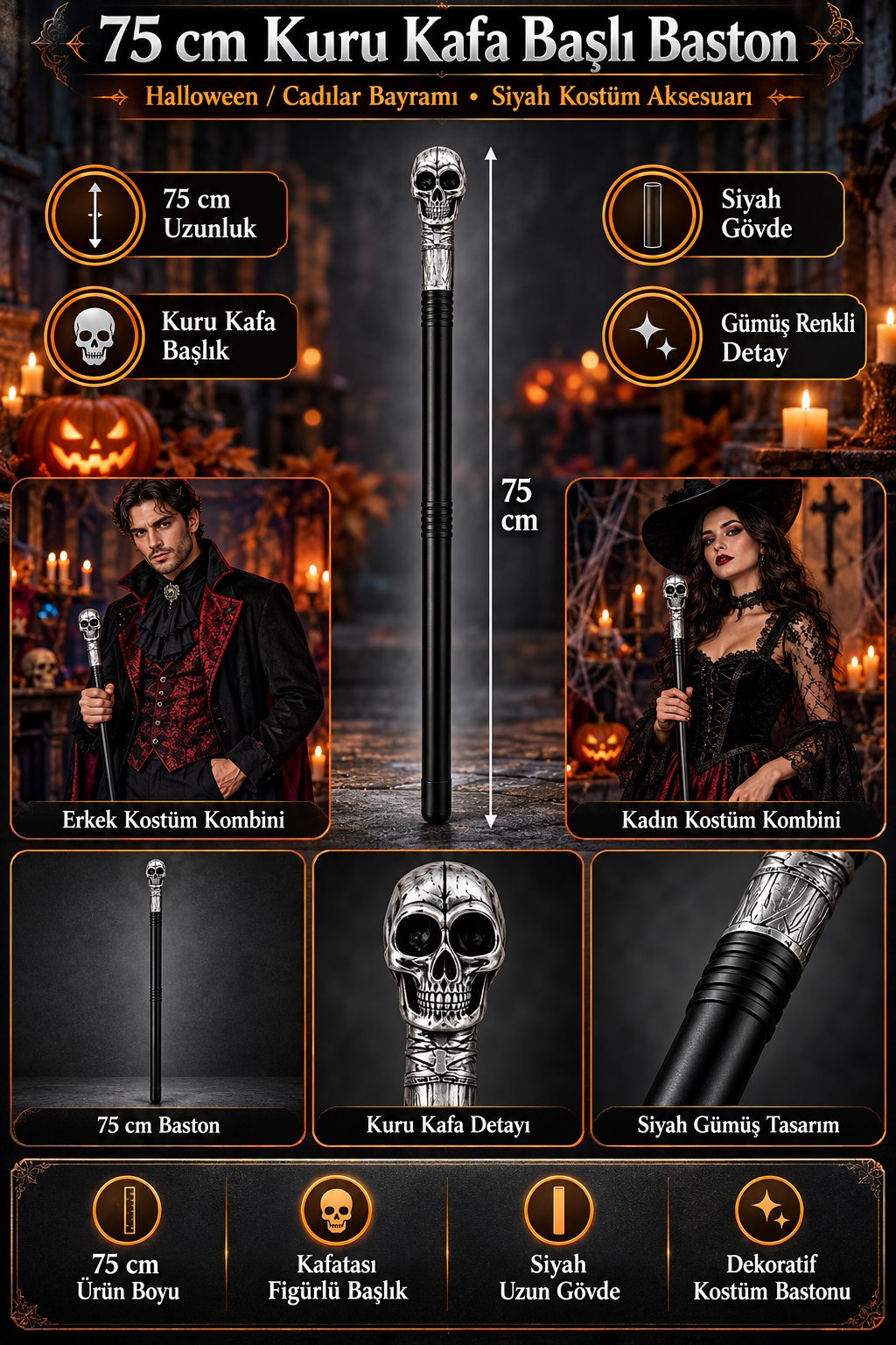 Halloween 75 Cm Kuru Kafa Baston – Halloween Cadılar Bayramı İskelet Başlı