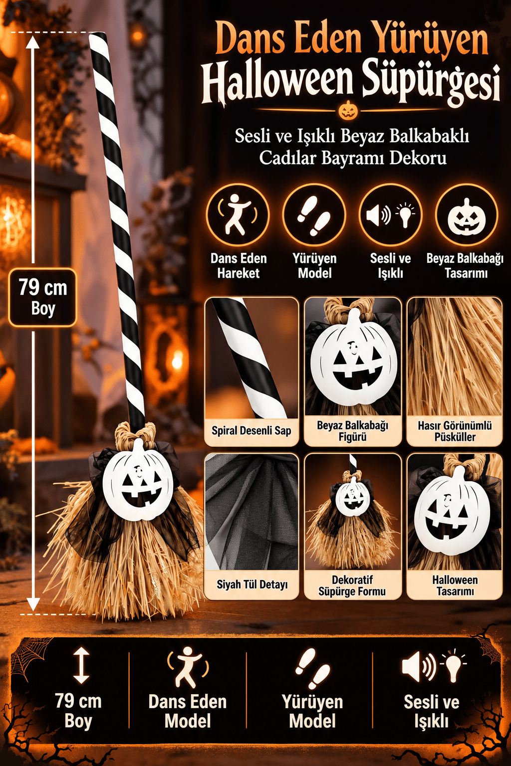 Halloween 79 CM Dans Eden Yürüyen sesli ışıklı süpürge