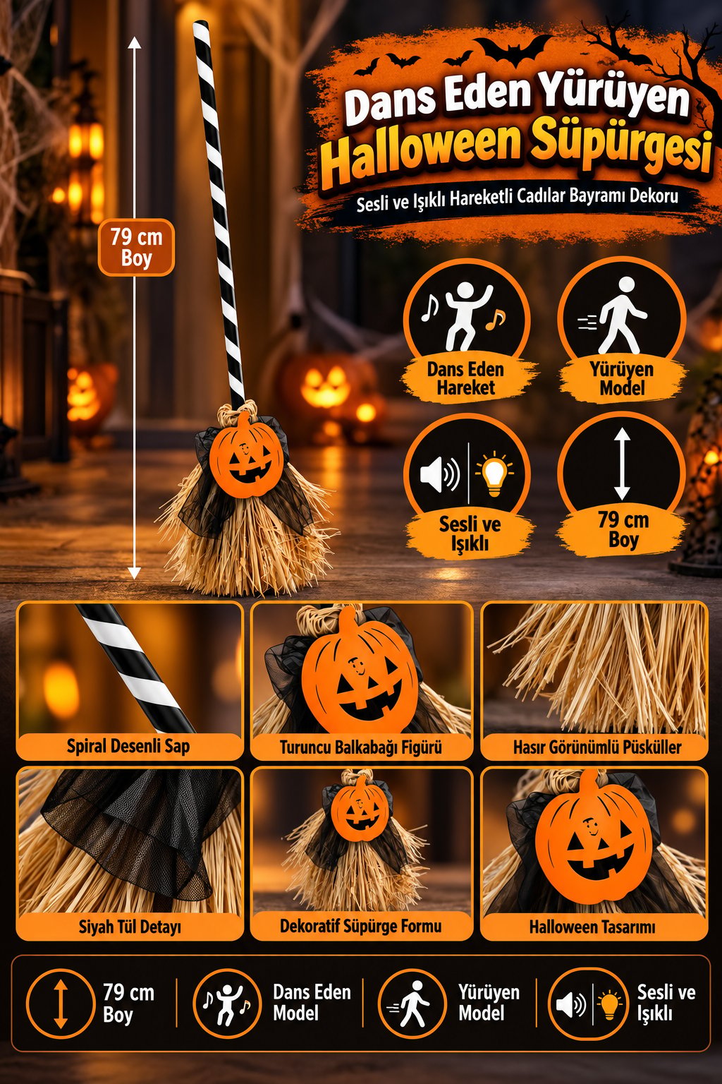 Halloween 79 CM Dans Eden Yürüyen sesli ışıklı süpürge Turuncu Balkabağı