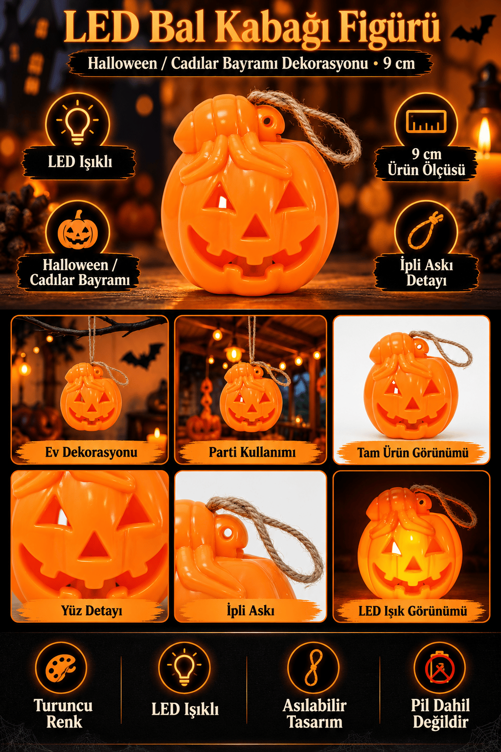 Halloween Bal kabağı Figürlü Ledli 9 cm