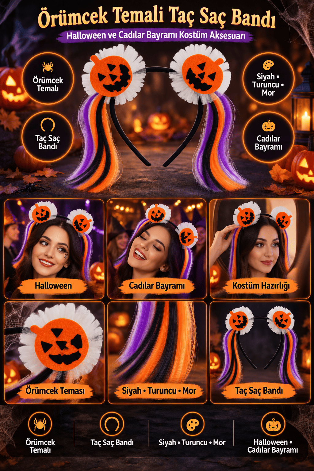 Halloween Bal Kabağı Taç Saç Bandı Siyah Turuncu Mor Cadılar Bayramı Kostüm Parti Saç Aksesuarı
