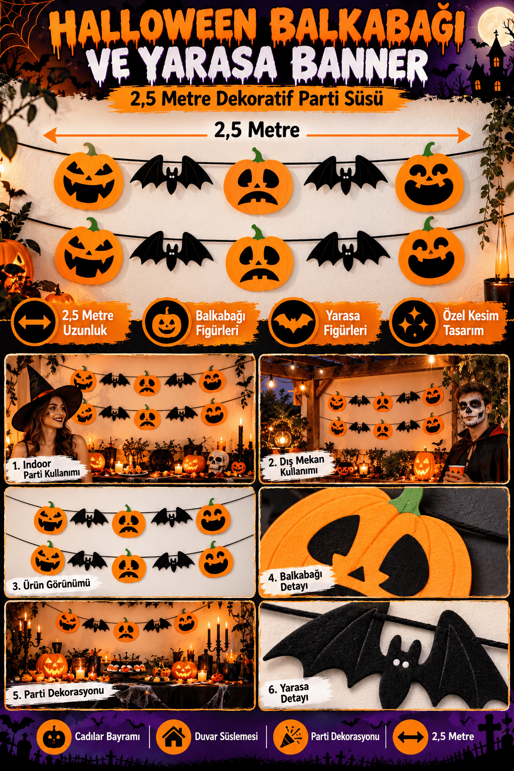 Halloween Balkabağı Özel Kesim Banner Yarasalı 2,5 m